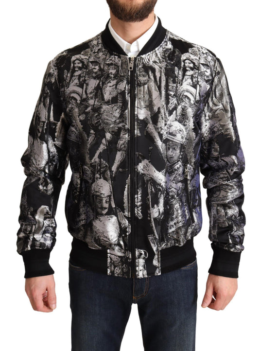 Dolce &amp; Gabbana Black Silver Puppi Motive Bomber Jacket