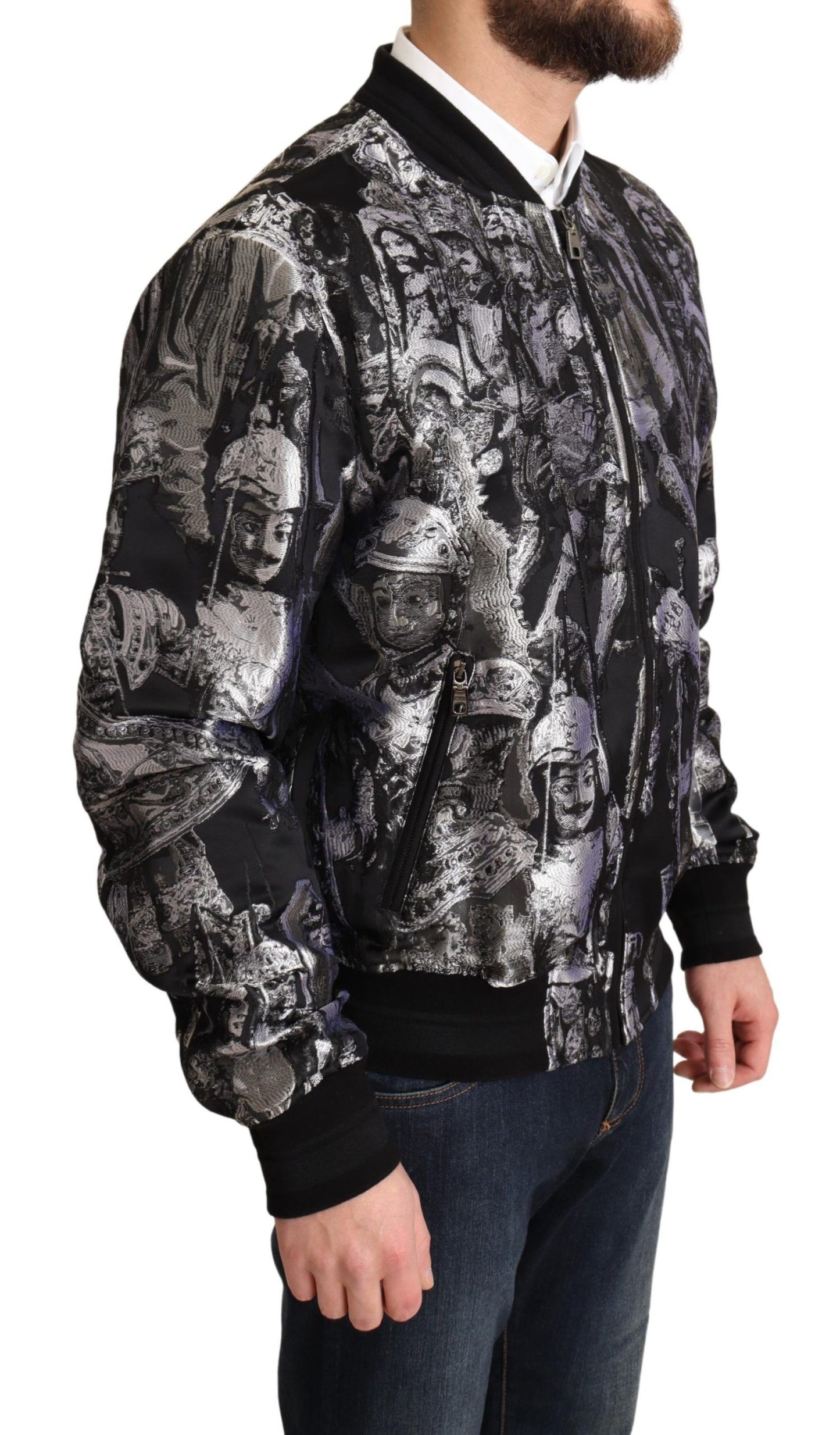 Dolce &amp; Gabbana Black Silver Puppi Motive Bomber Jacket