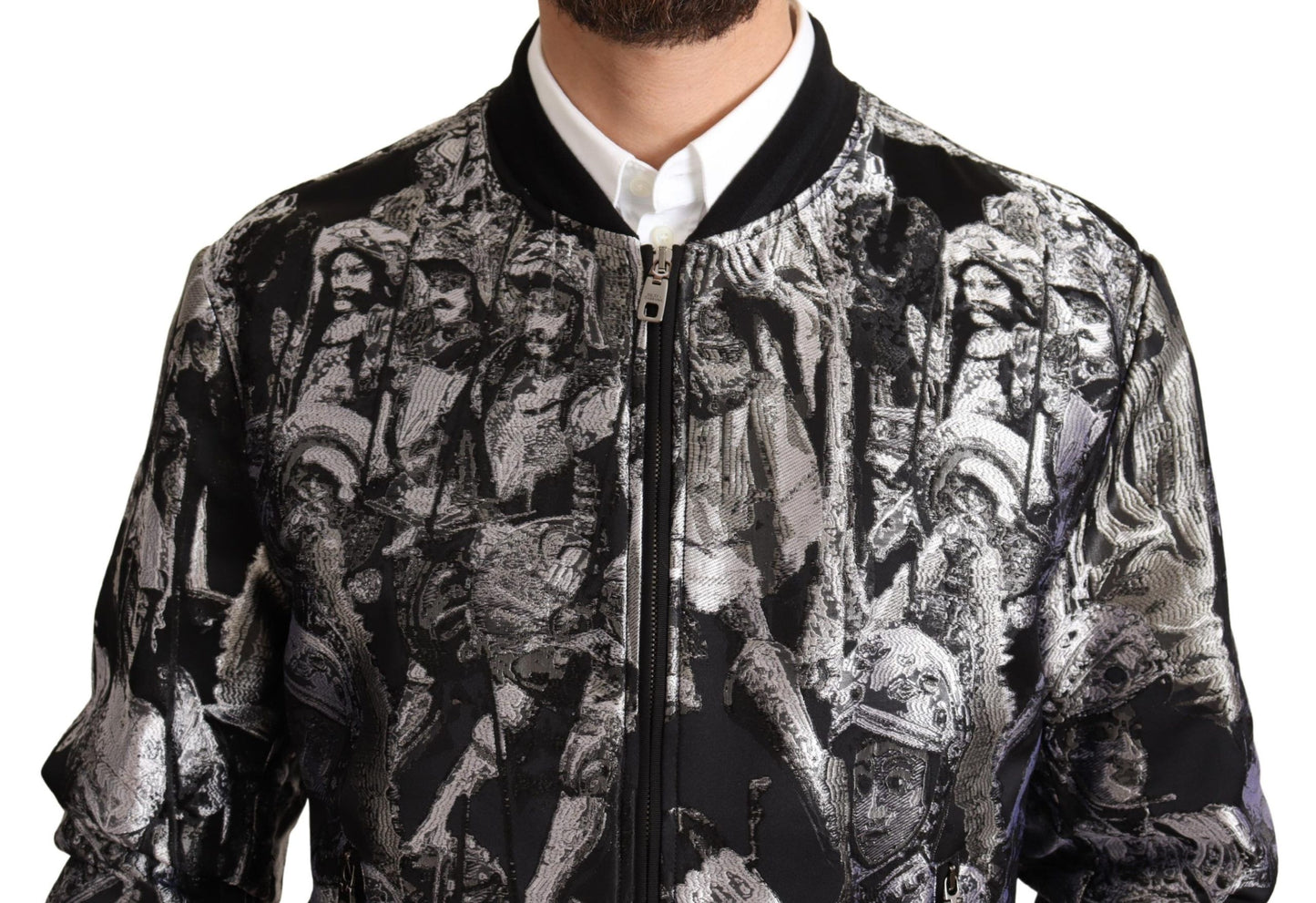 Dolce &amp; Gabbana Black Silver Puppi Motive Bomber Jacket