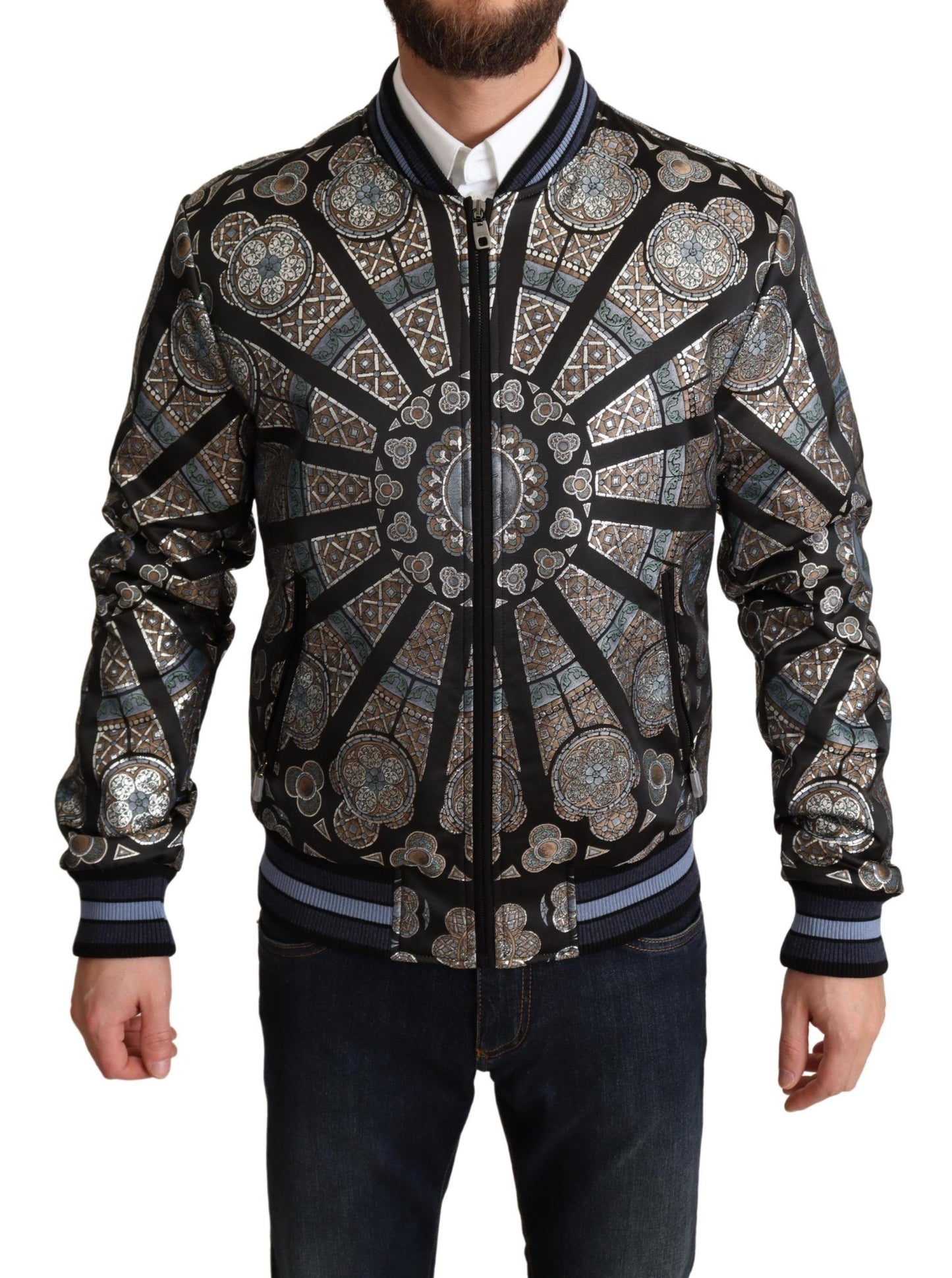 Dolce & Gabbana Elegant Jacquard Bomber Jacket in Blue