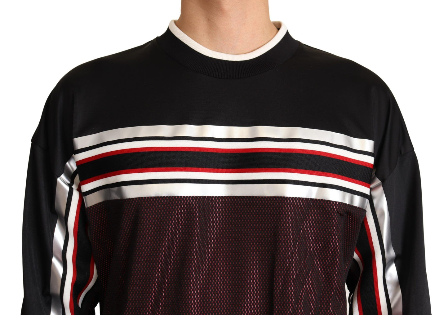 Dolce &amp; Gabbana Schwarz-Roter Mesh-Sportpullover mit Rundhalsausschnitt