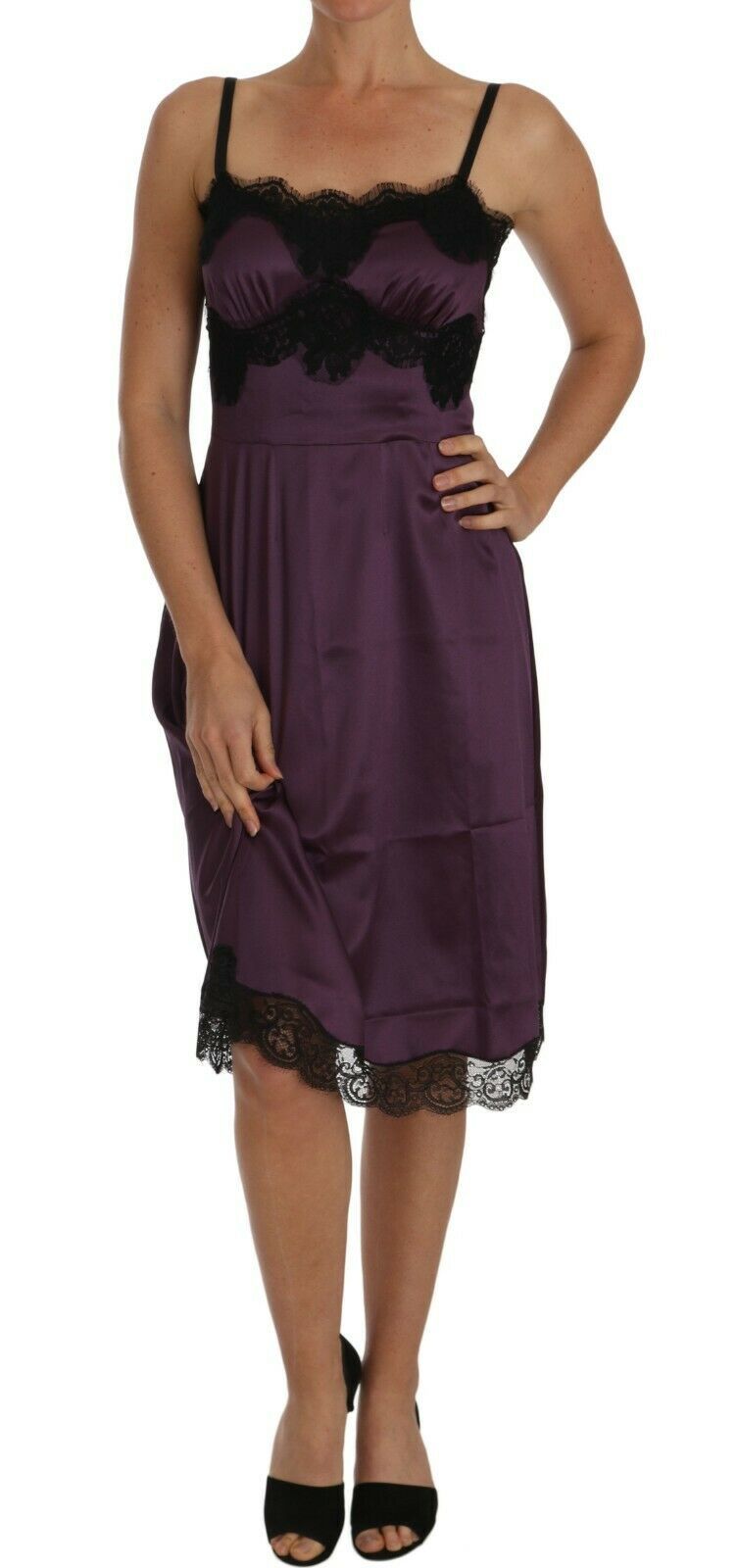 Dolce &amp; Gabbana Purple Silk Stretch Black Lace A-Line Dress