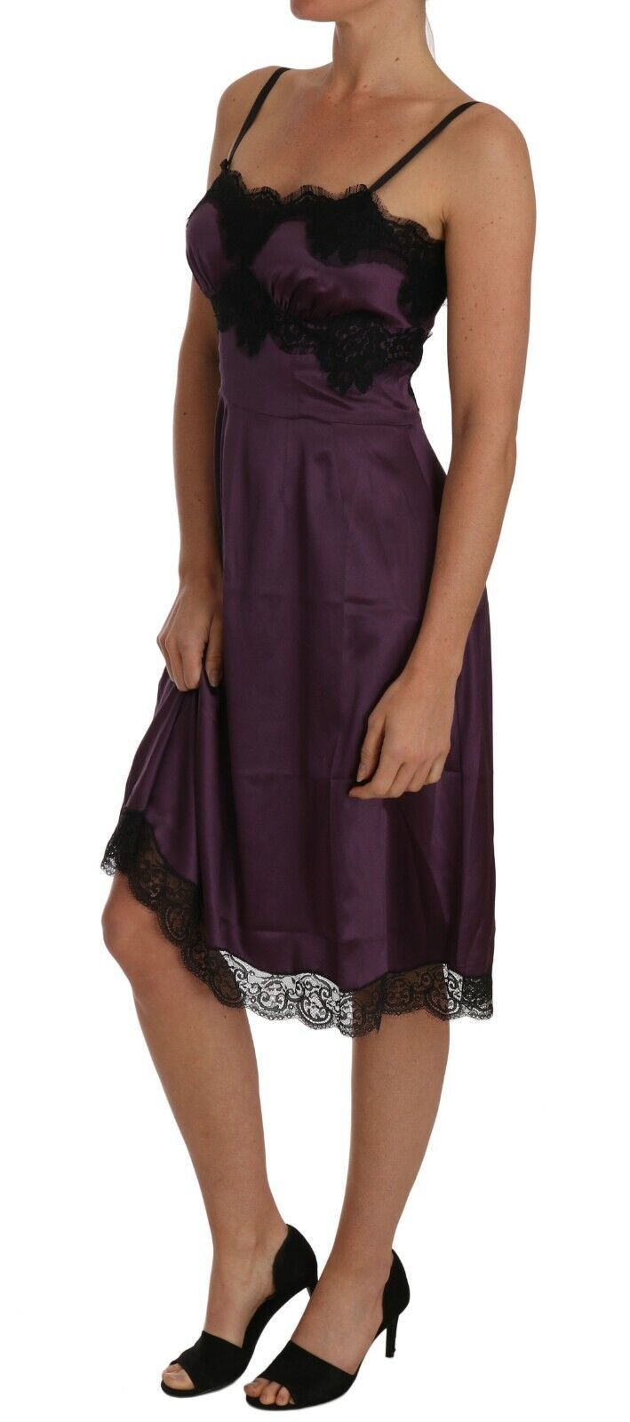 Dolce &amp; Gabbana Purple Silk Stretch Black Lace A-Line Dress