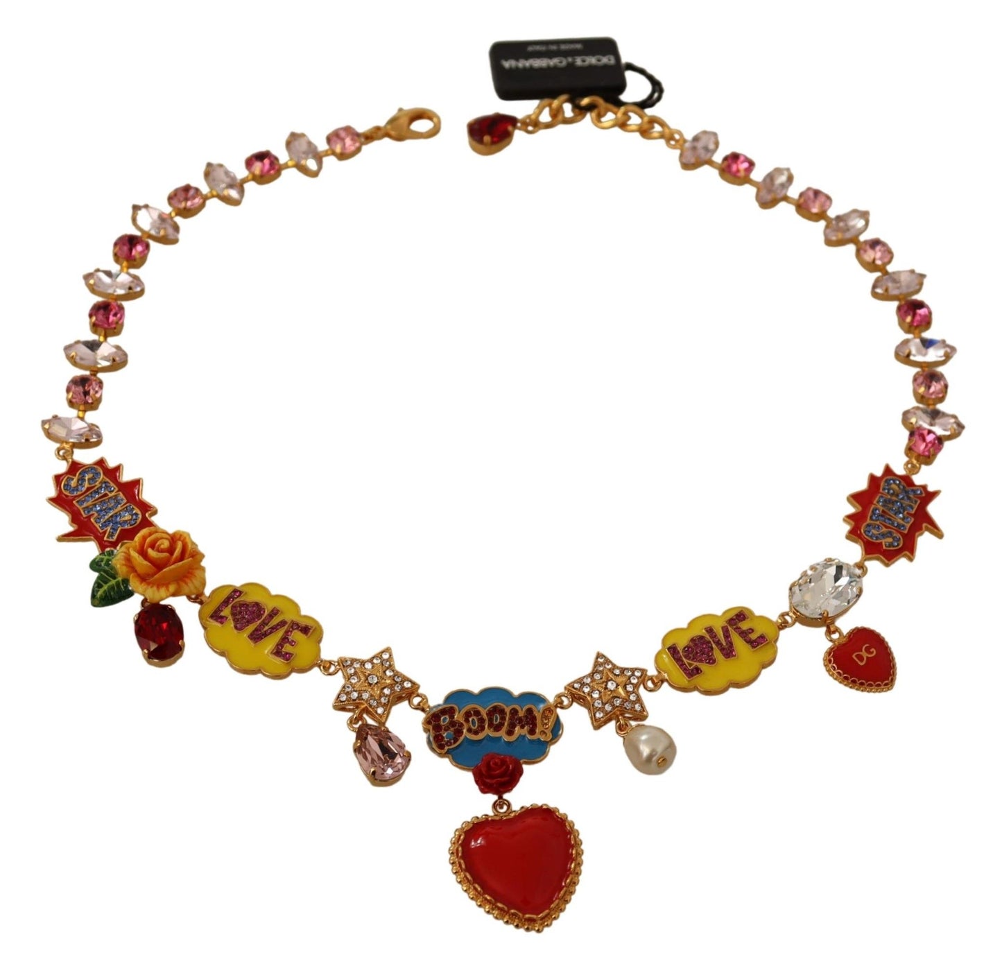 Dolce &amp; Gabbana Rose Heart Star Chain Pink Red Gold Crystal Necklace