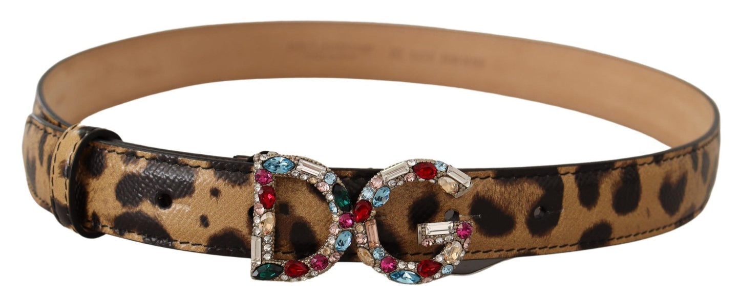 Dolce &amp; Gabbana Brown Leopard Leather DG Crystals Buckle Belt