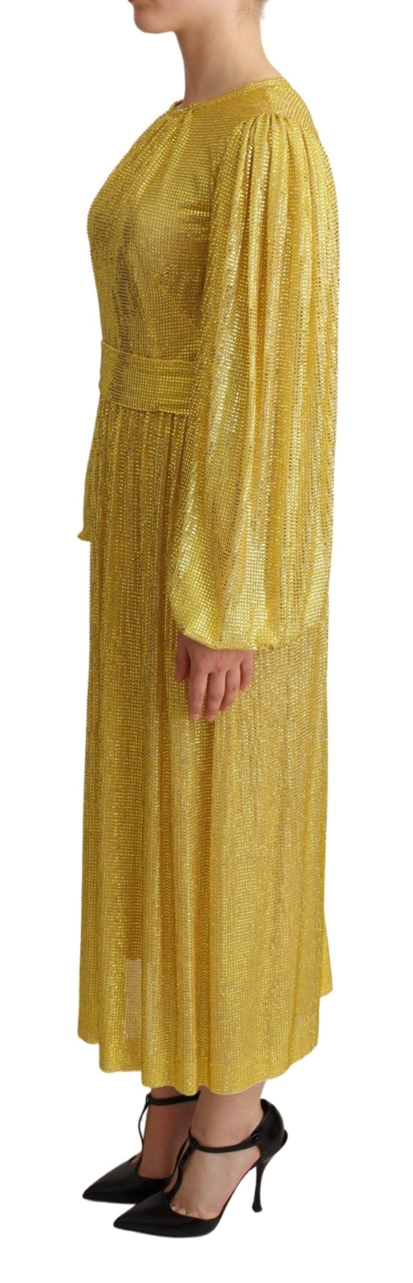 Dolce &amp; Gabbana Yellow Crystal Mesh Pleated Maxi Dress