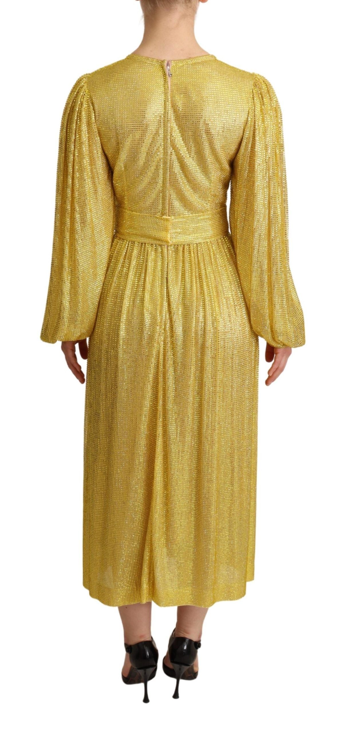 Dolce &amp; Gabbana Yellow Crystal Mesh Pleated Maxi Dress