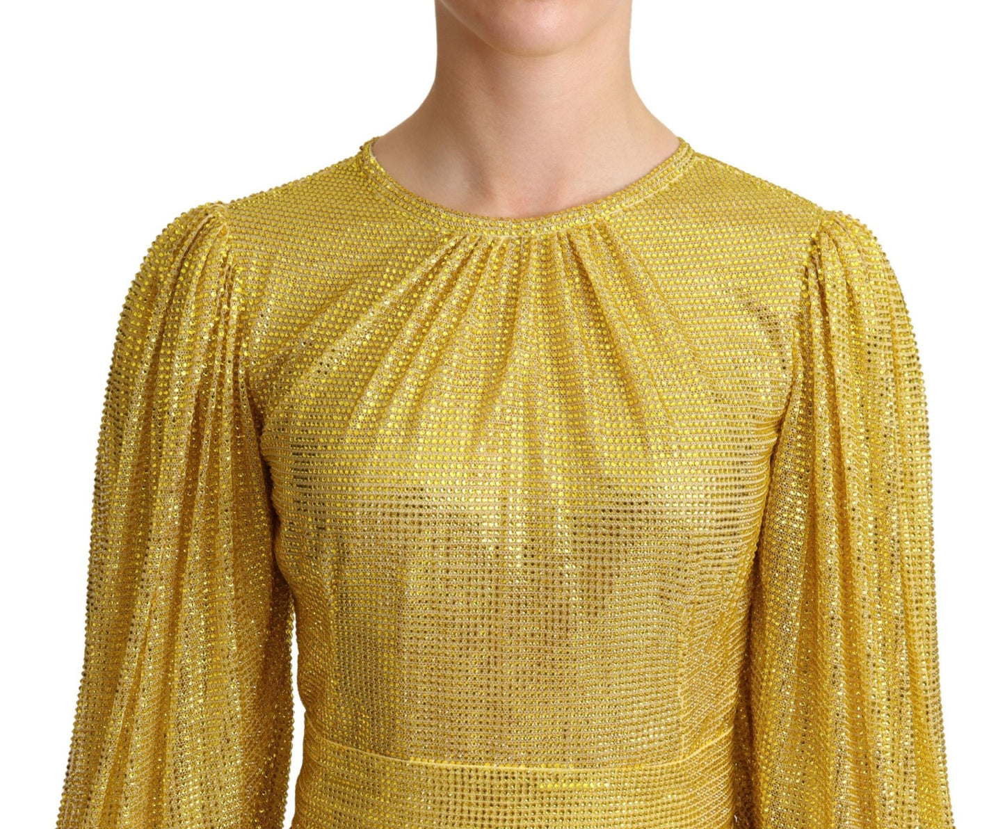 Dolce &amp; Gabbana Yellow Crystal Mesh Pleated Maxi Dress