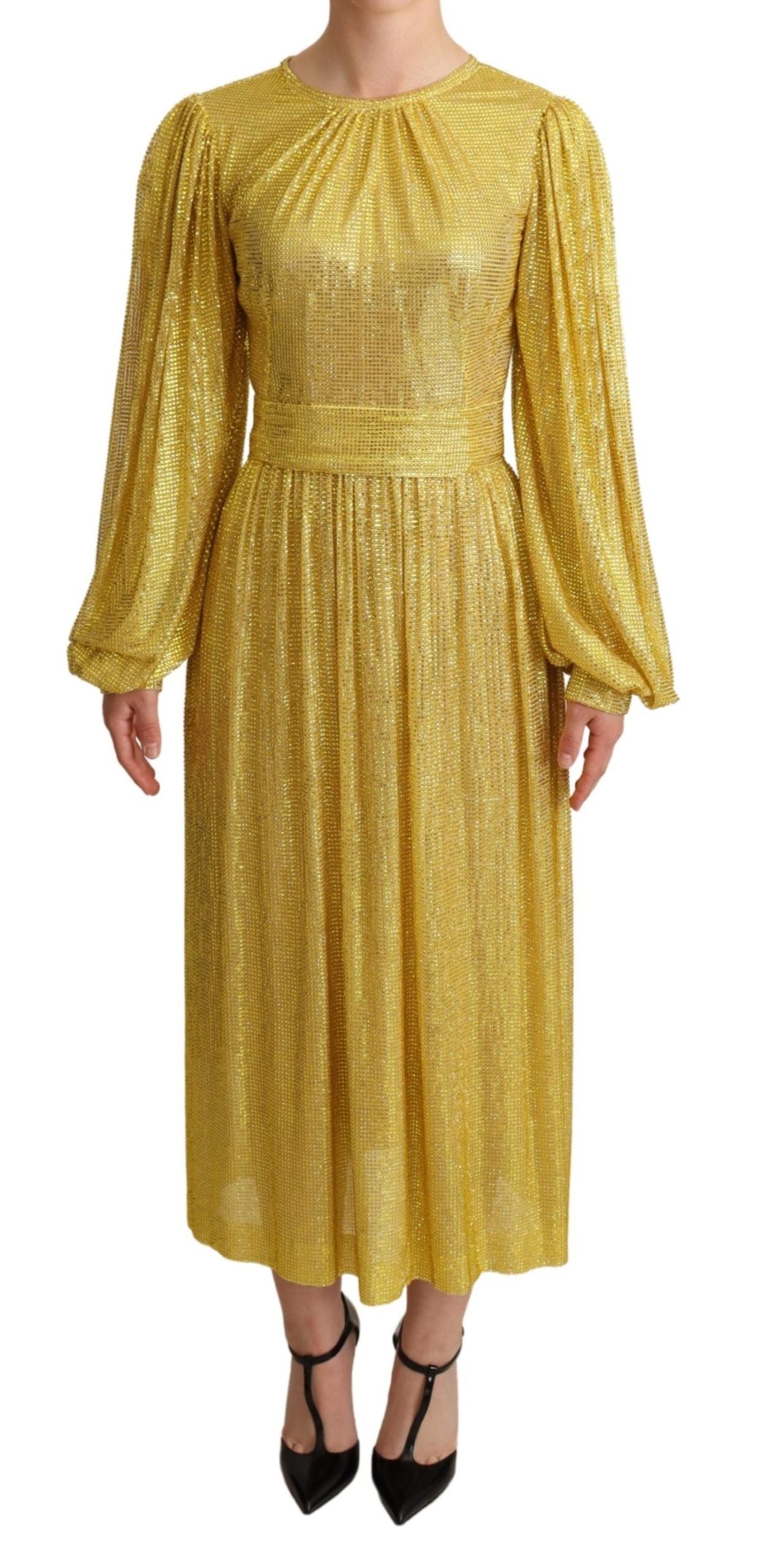 Dolce &amp; Gabbana Yellow Crystal Mesh Pleated Maxi Dress