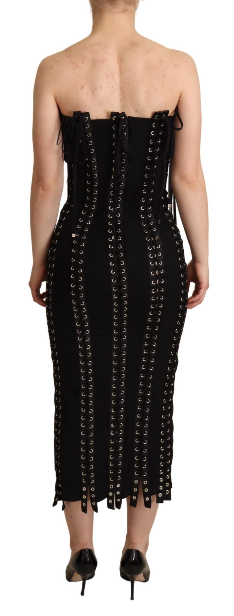 Dolce &amp; Gabbana Black Cady Walang Sleeveless Lace Up Bodycon Dress