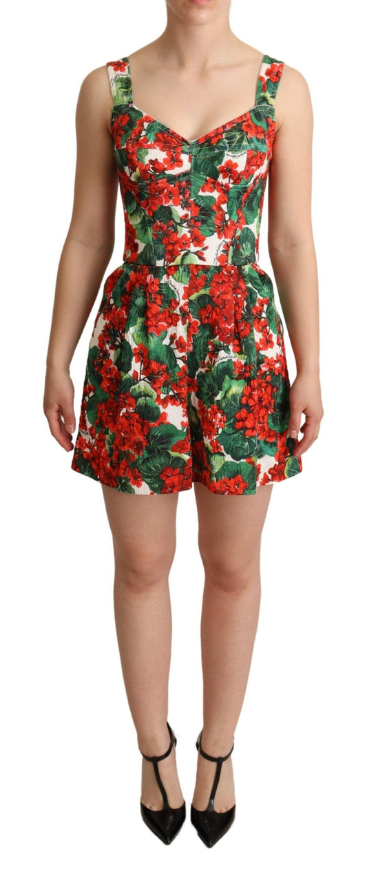 Dolce &amp; Gabbana Red Geranium Print Shorts Jumpsuit Dress