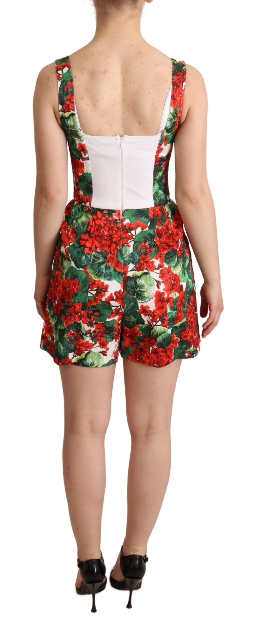 Dolce &amp; Gabbana Red Geranium Print Shorts Jumpsuit Dress