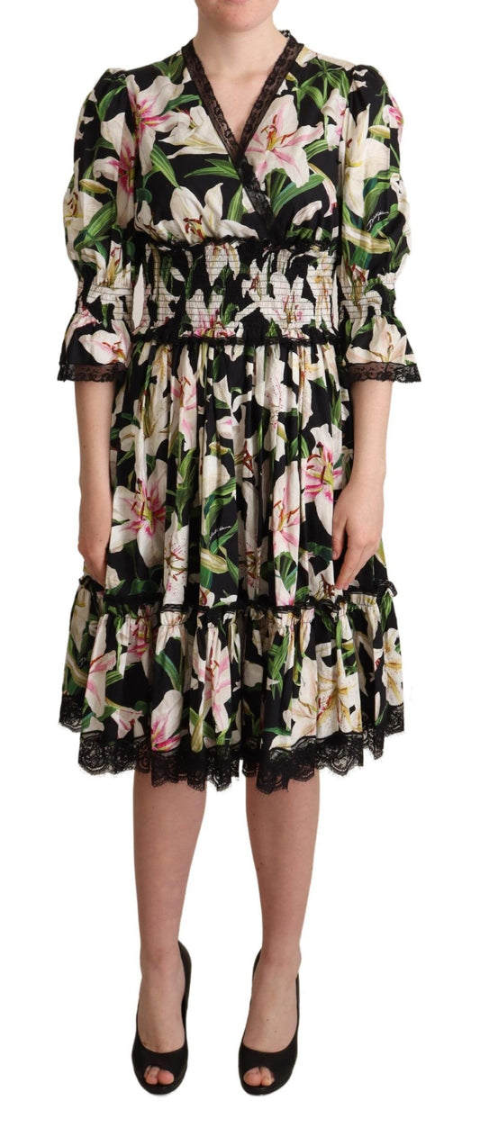 Dolce &amp; Gabbana Black Cotton Lily Print Lace Trim Dress