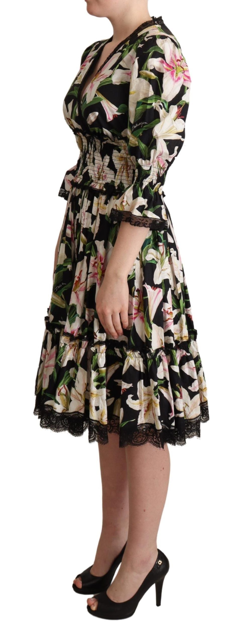 Dolce &amp; Gabbana Black Cotton Lily Print Lace Trim Dress