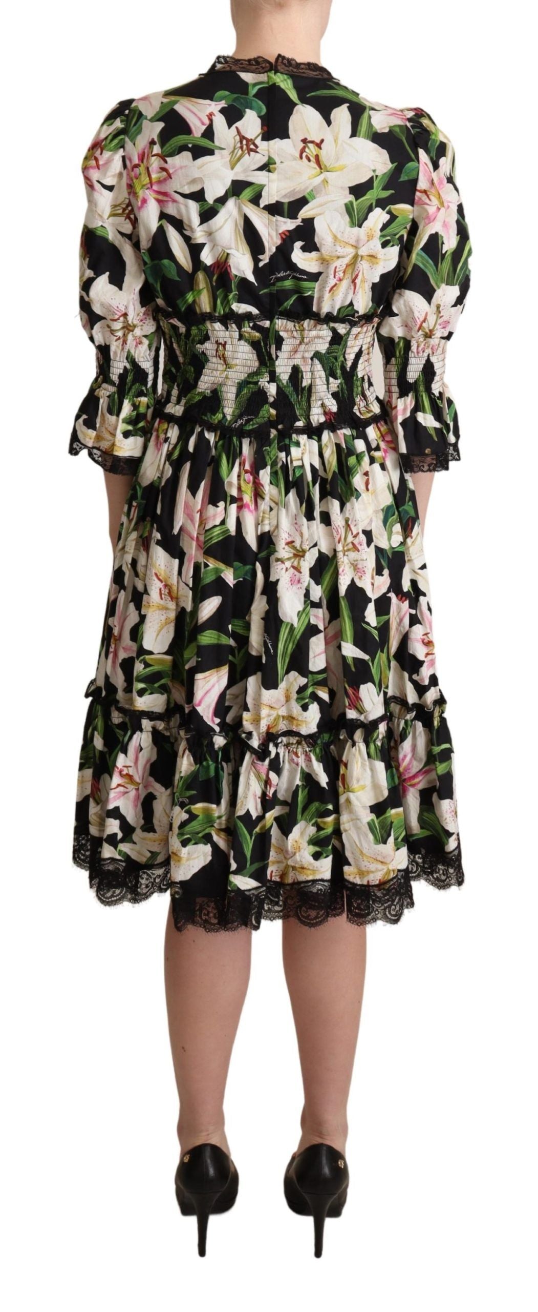 Dolce &amp; Gabbana Black Cotton Lily Print Lace Trim Dress