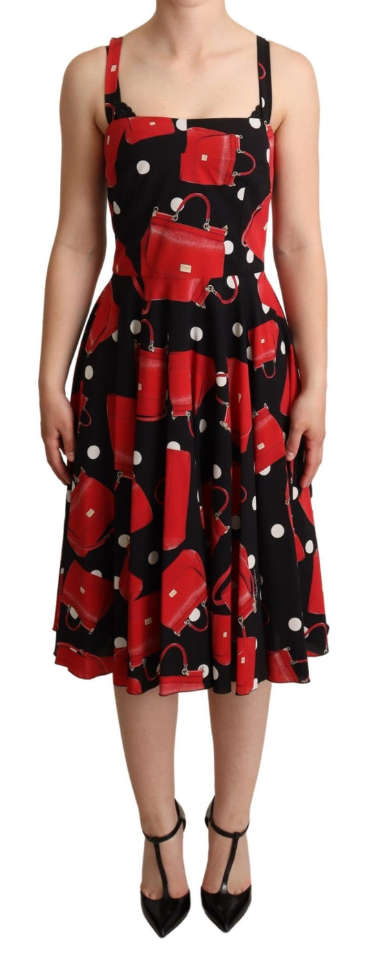 Dolce &amp; Gabbana Black Red Bag Print A-line Mid Length Dress