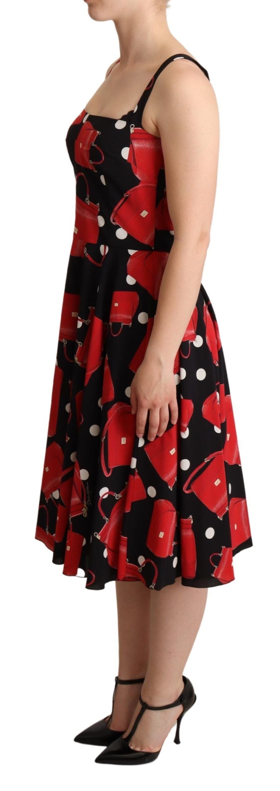 Dolce &amp; Gabbana Black Red Bag Print A-line Mid Length Dress