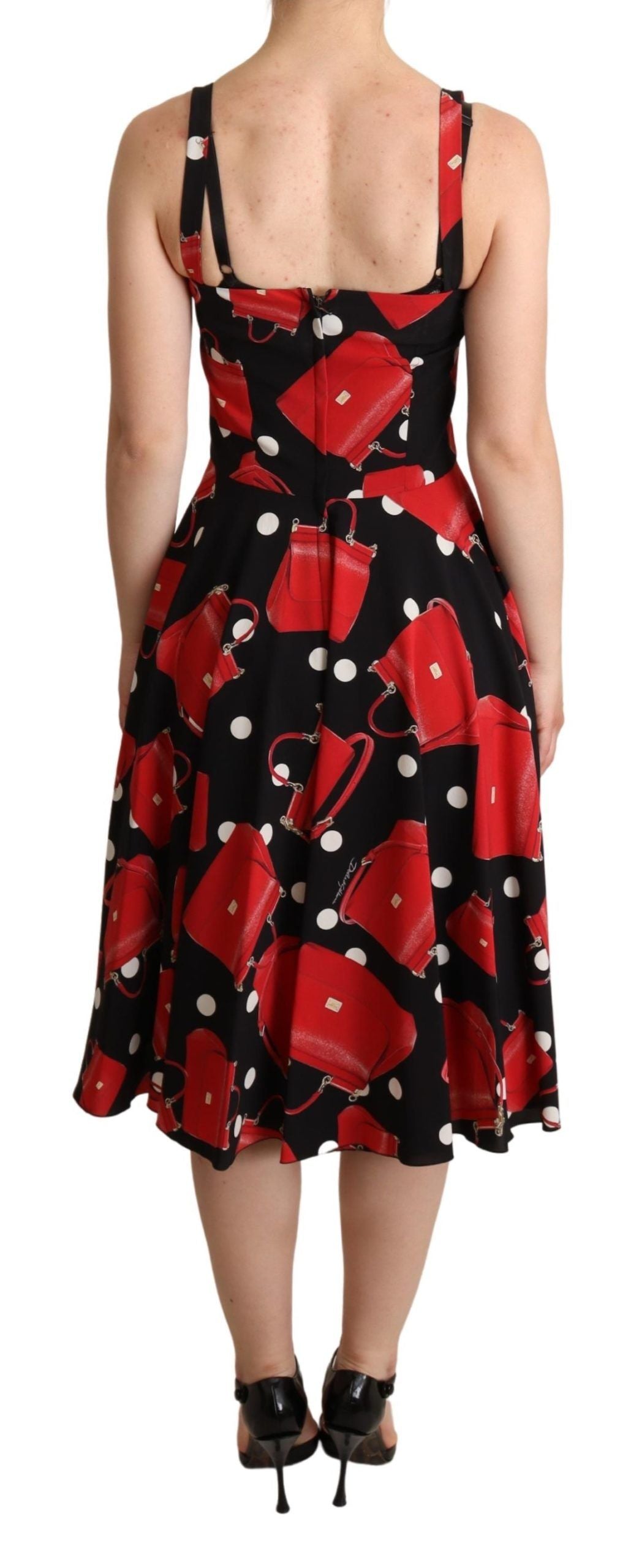 Dolce &amp; Gabbana Black Red Bag Print A-line Mid Length Dress