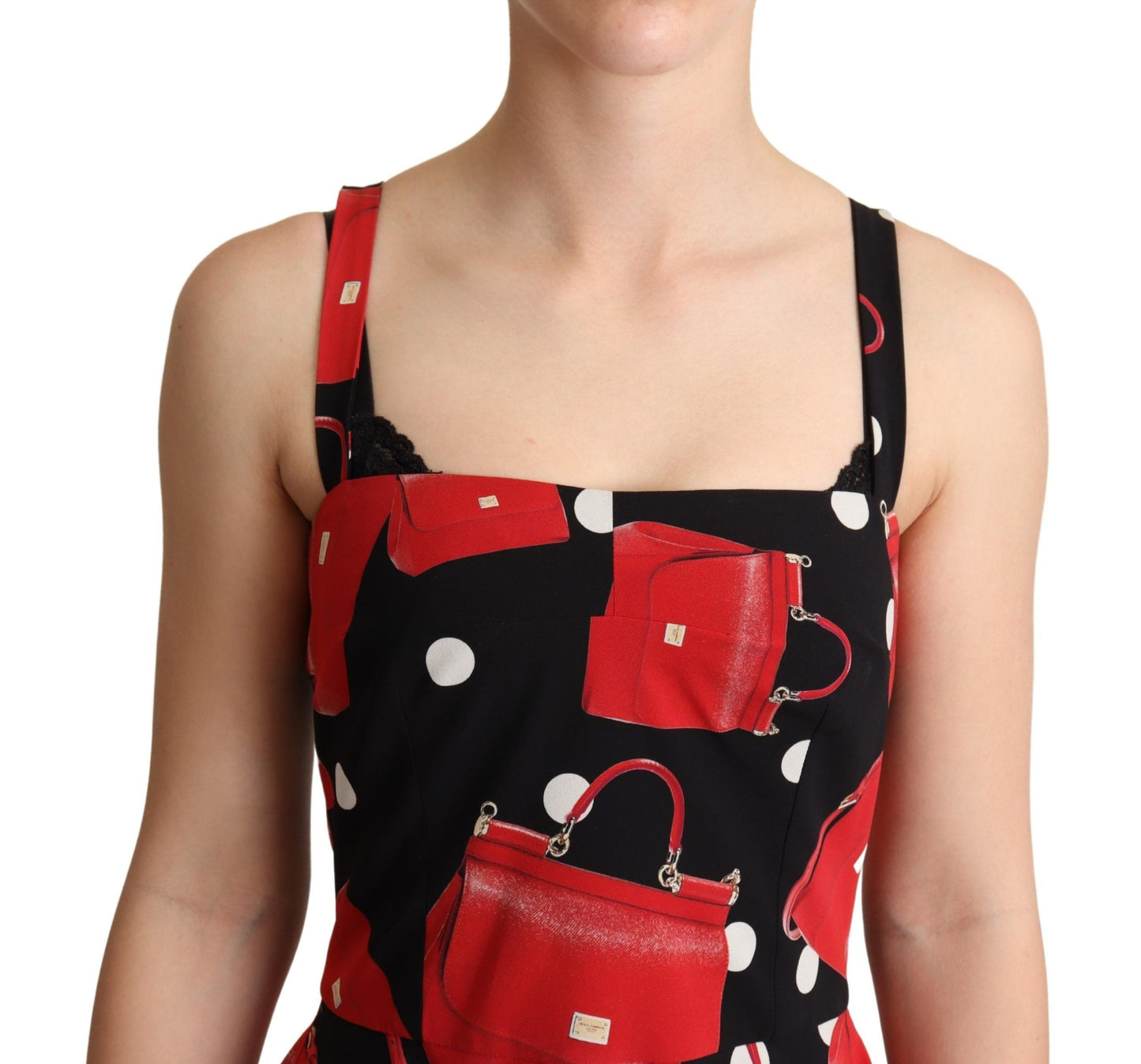 Dolce &amp; Gabbana Black Red Bag Print A-line Mid Length Dress