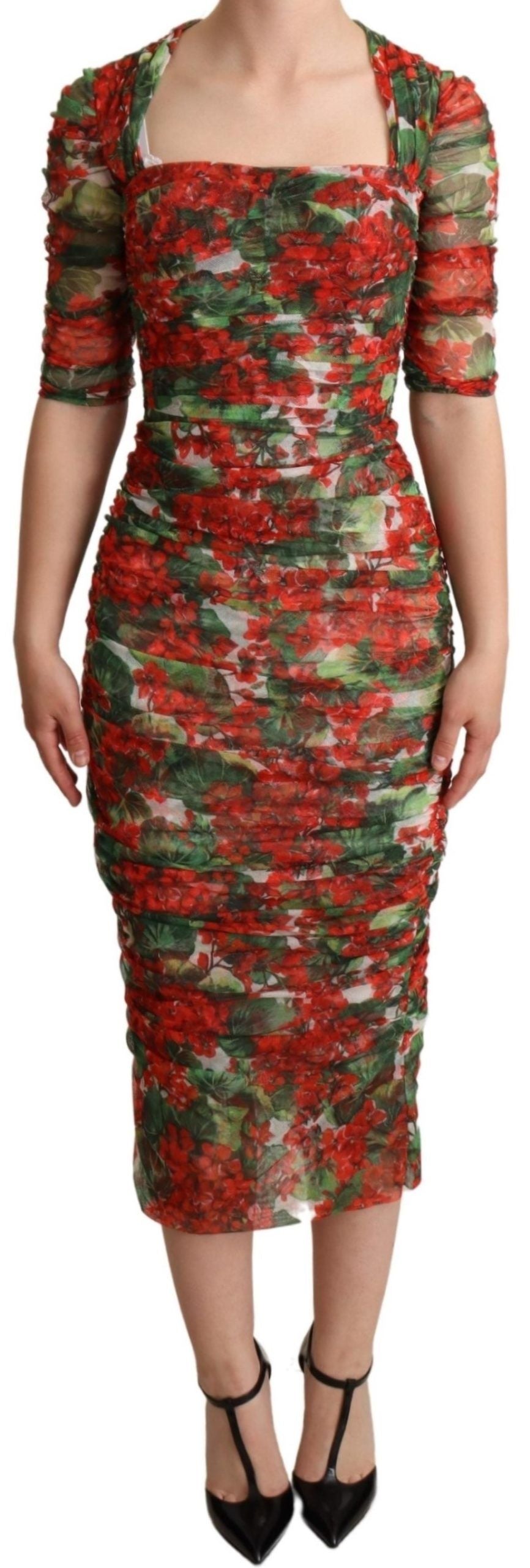 Dolce &amp; Gabbana Red Floral Print Tulle Sheath Midi Dress