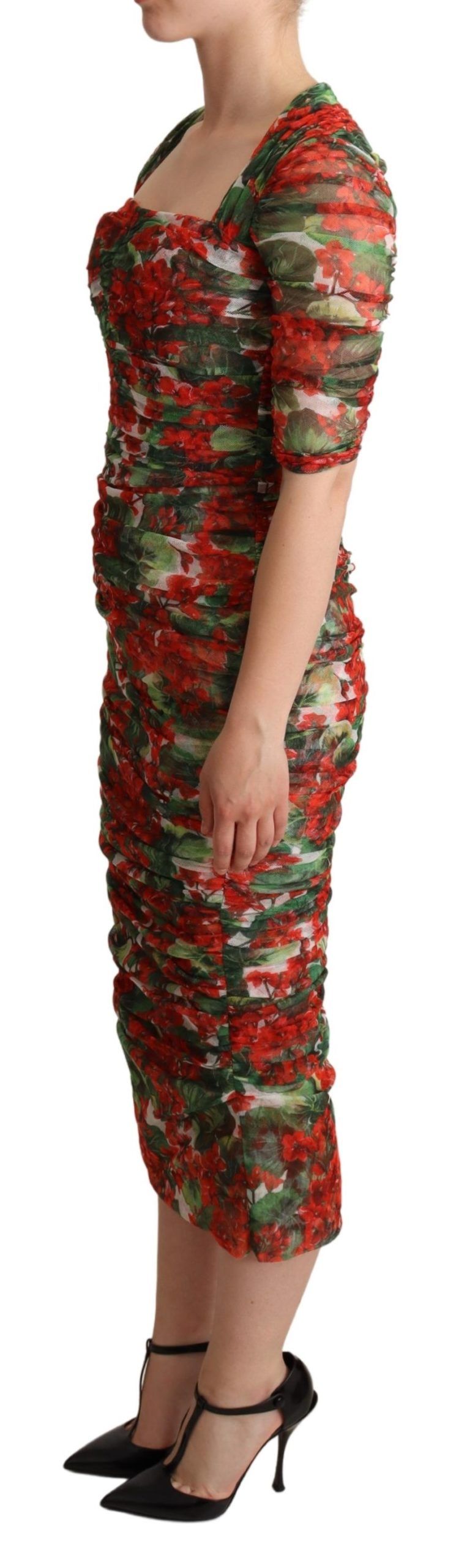 Dolce &amp; Gabbana Red Floral Print Tulle Sheath Midi Dress