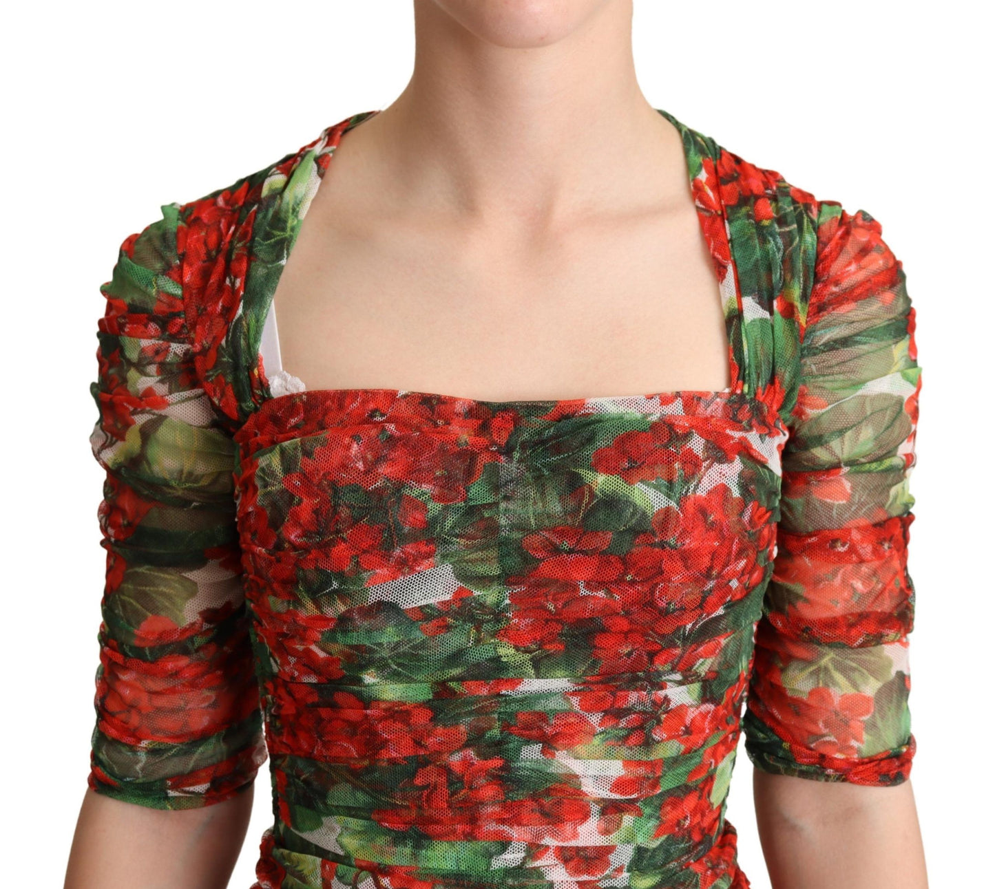 Dolce &amp; Gabbana Red Floral Print Tulle Sheath Midi Dress