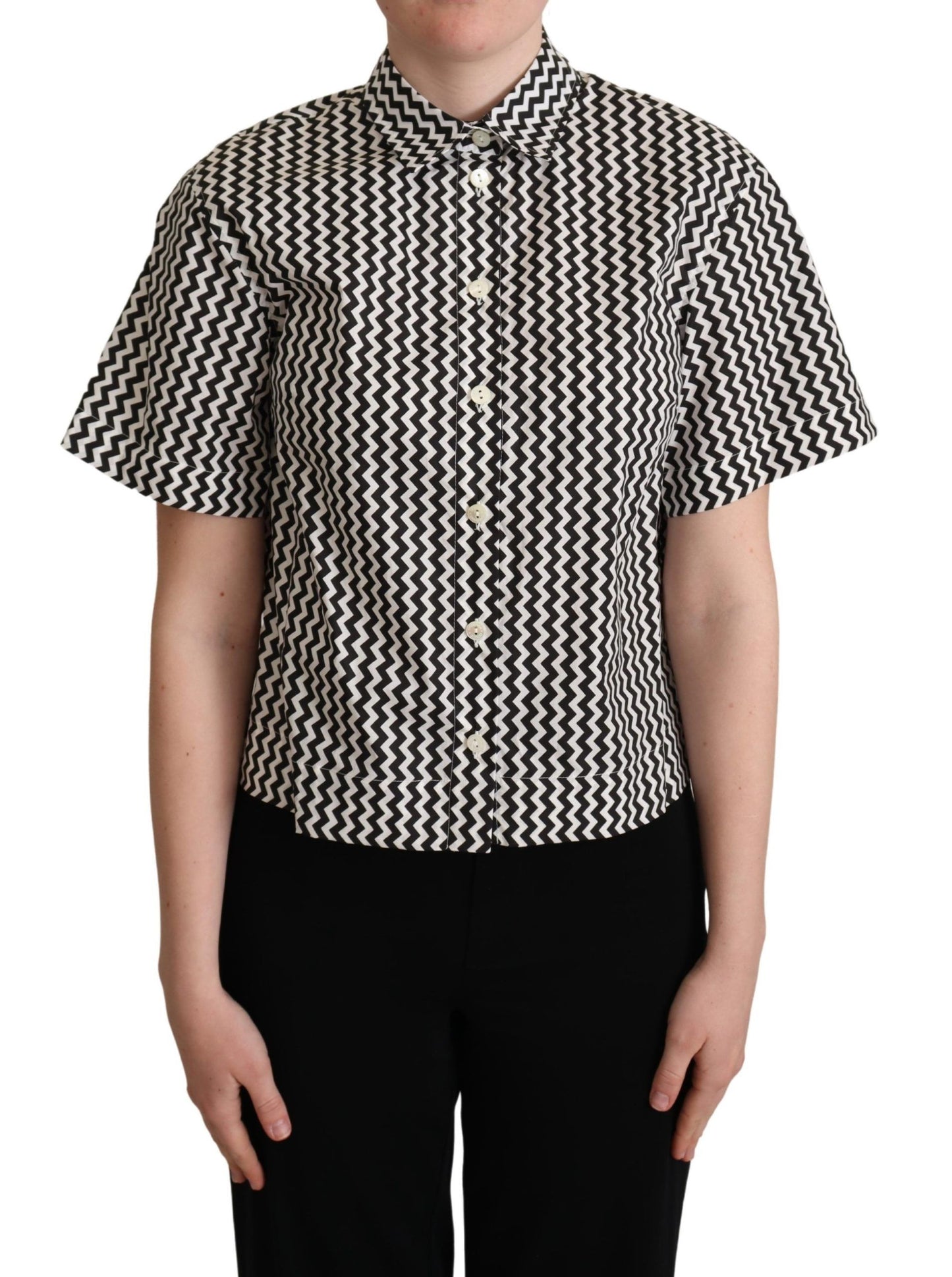 Dolce &amp; Gabbana Black White Zigzag Collar Cotton Top Shirt