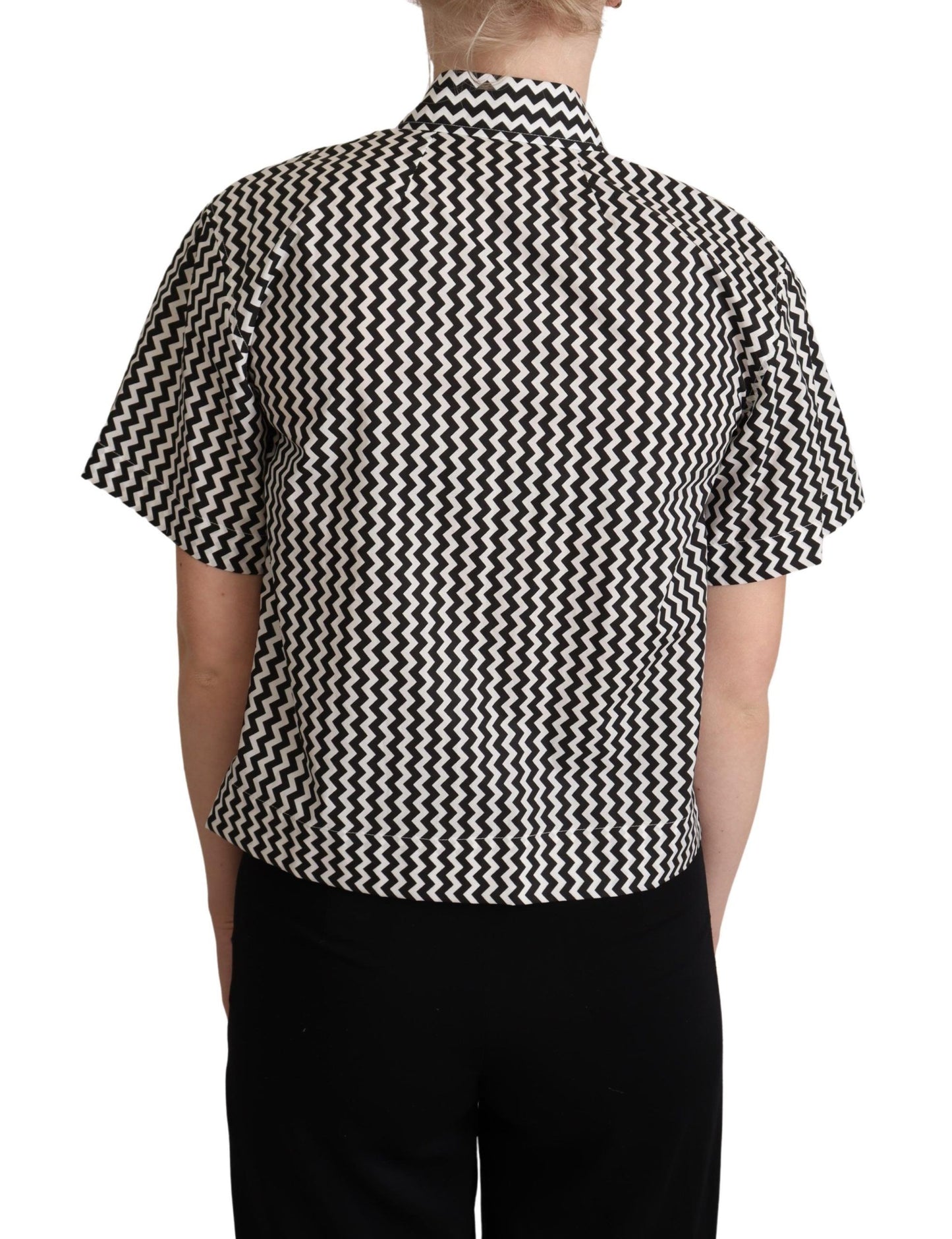 Dolce &amp; Gabbana Black White Zigzag Collar Cotton Top Shirt