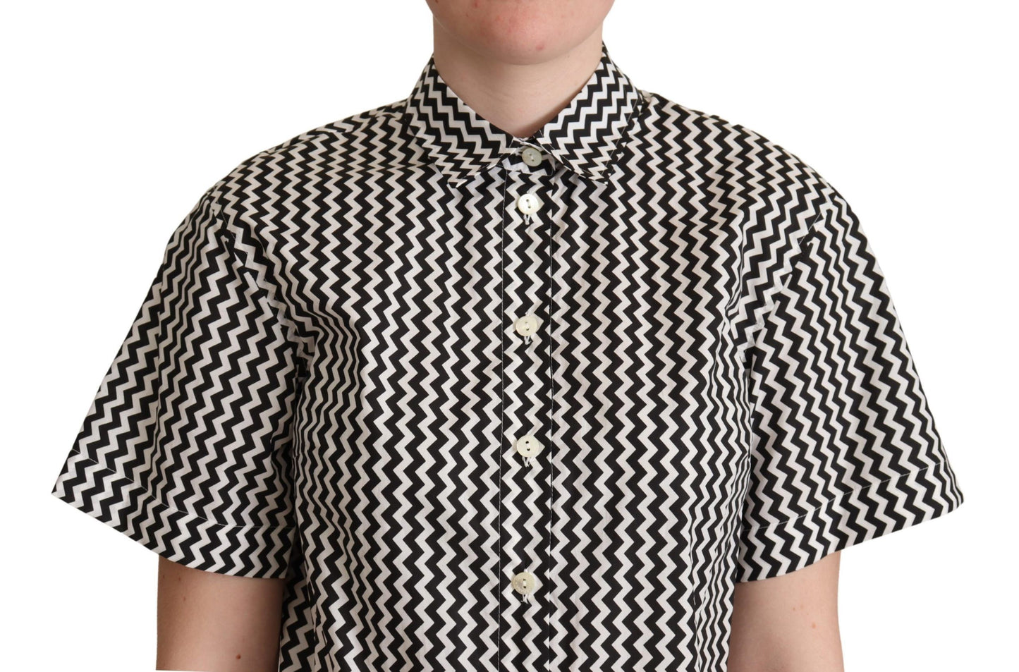 Dolce &amp; Gabbana Black White Zigzag Collar Cotton Top Shirt