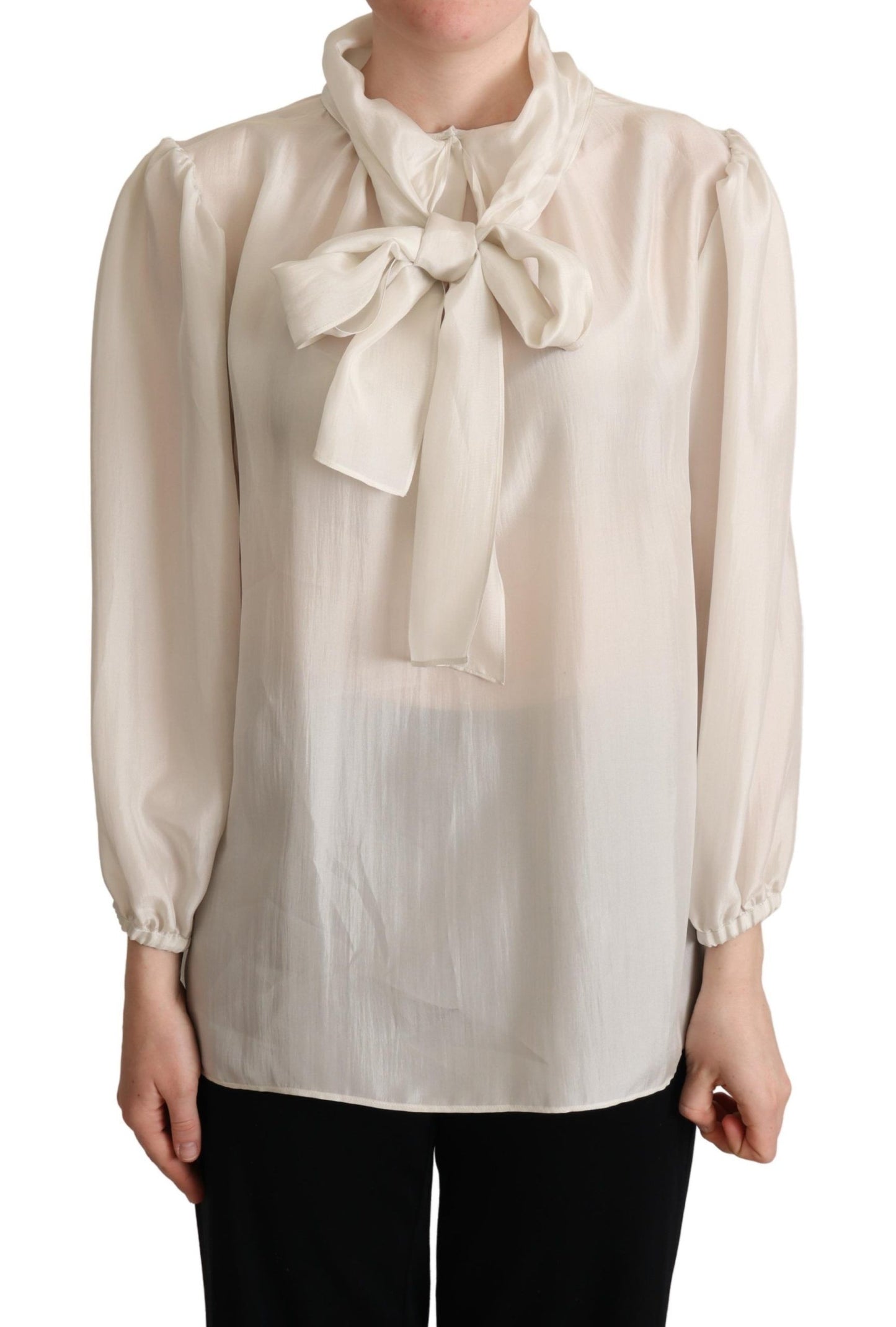 Dolce &amp; Gabbana Light Grey Ascot Collar Shirt Silk Blouse Top