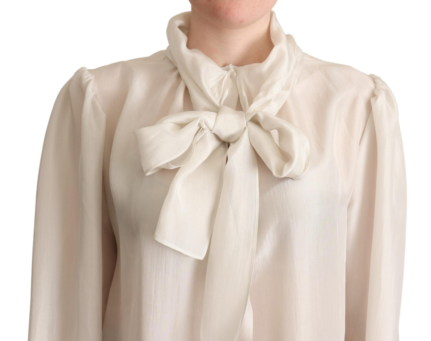 Dolce &amp; Gabbana Light Grey Ascot Collar Shirt Silk Blouse Top