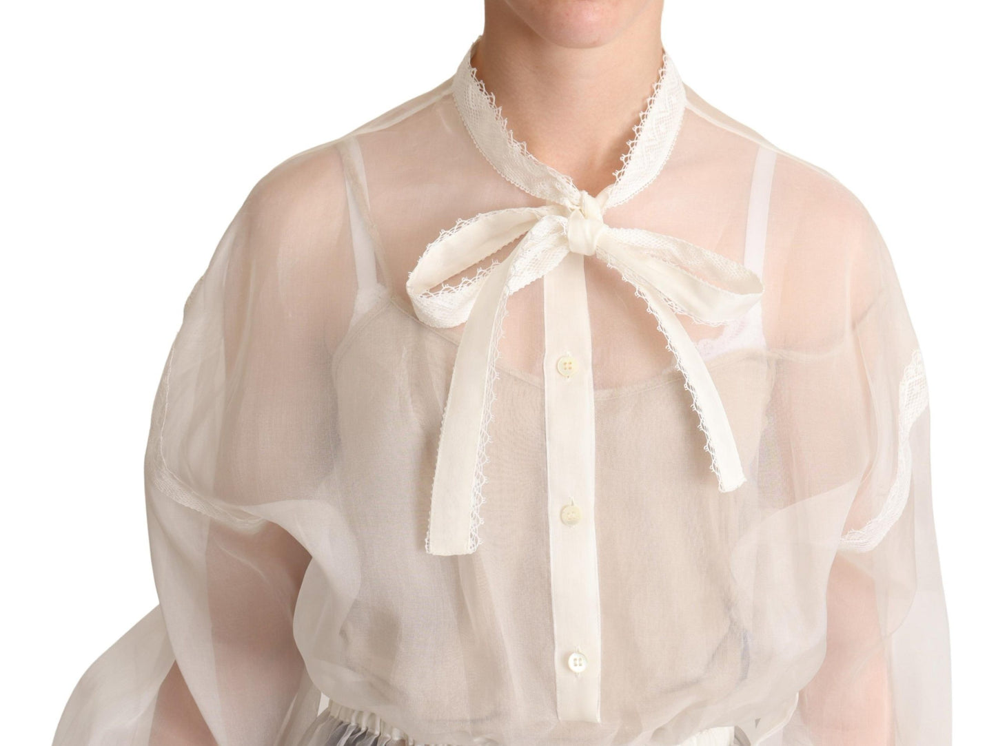 Dolce &amp; Gabbana White Ascot Collar Long Sleeves Blouse Top