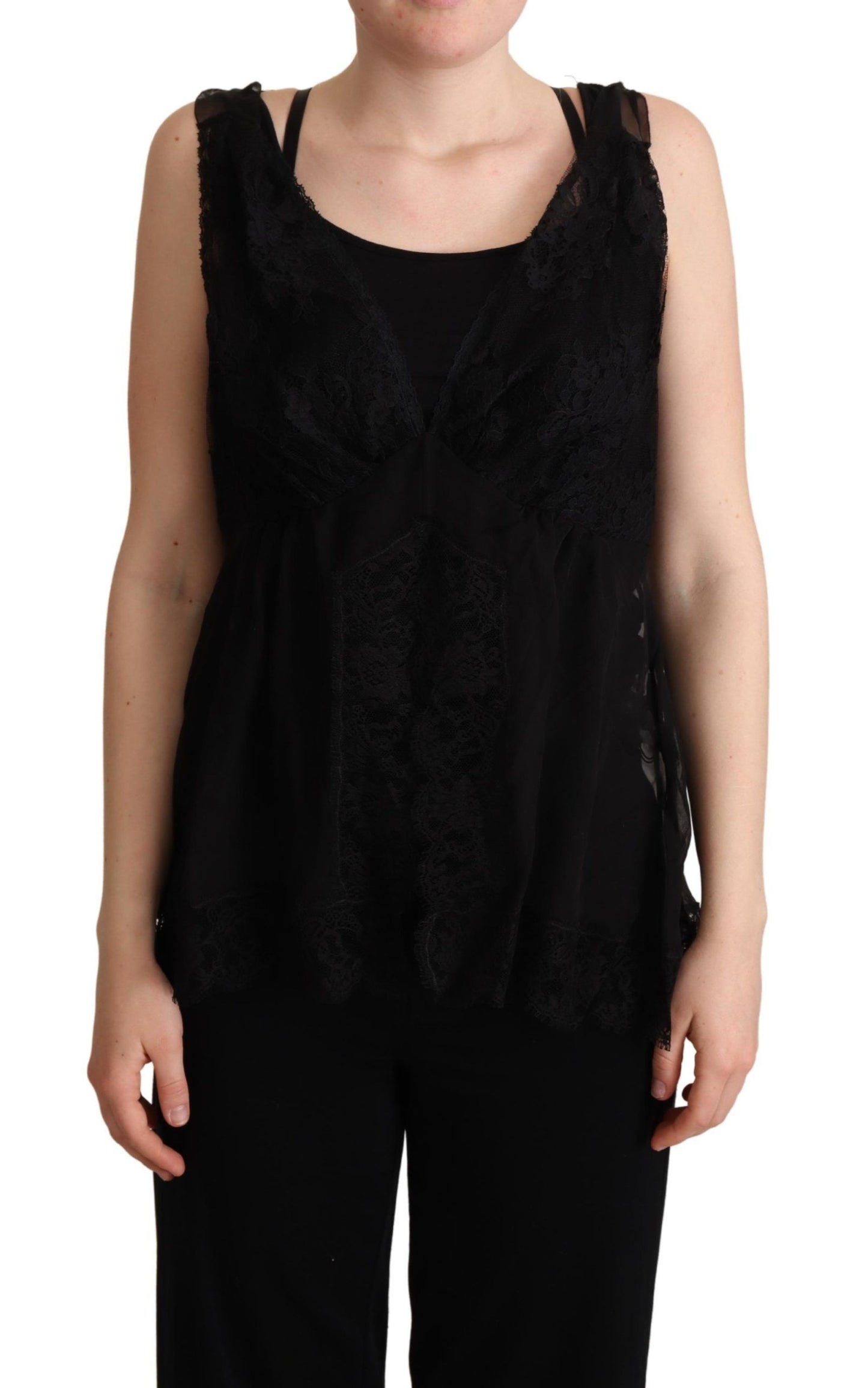 Dolce &amp; Gabbana Schwarzes Camisole-Tanktop mit Seidenspitzenbesatz