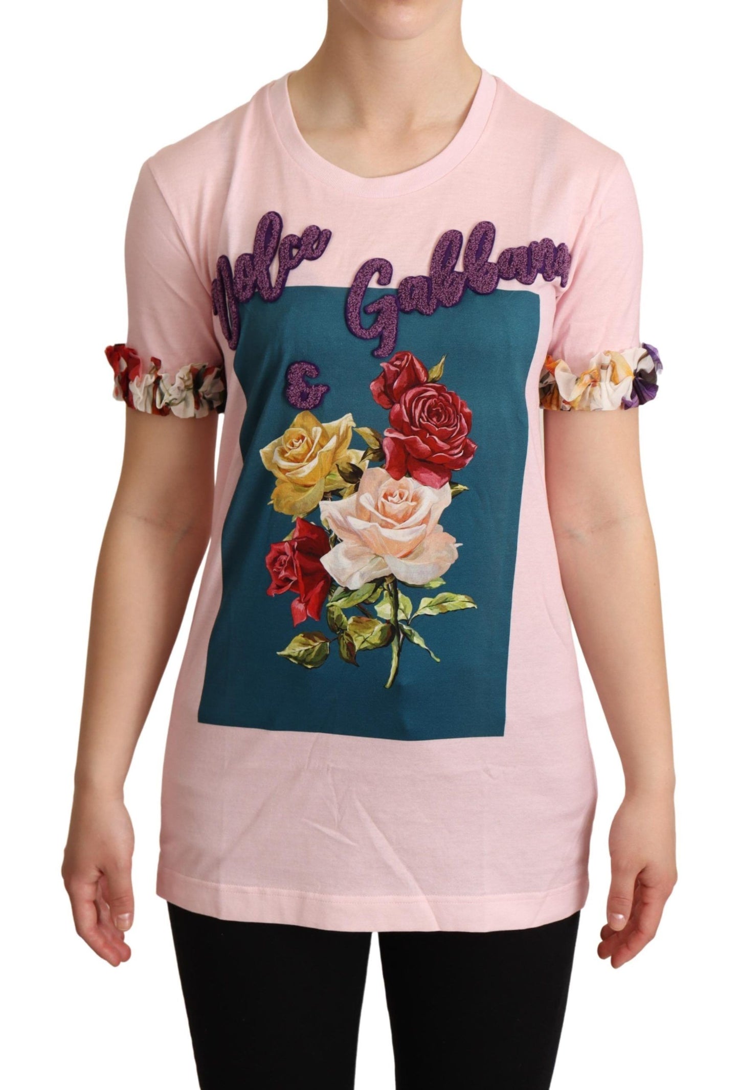 Dolce &amp; Gabbana Pink Cotton Floral Roses Crewneck T-shirt