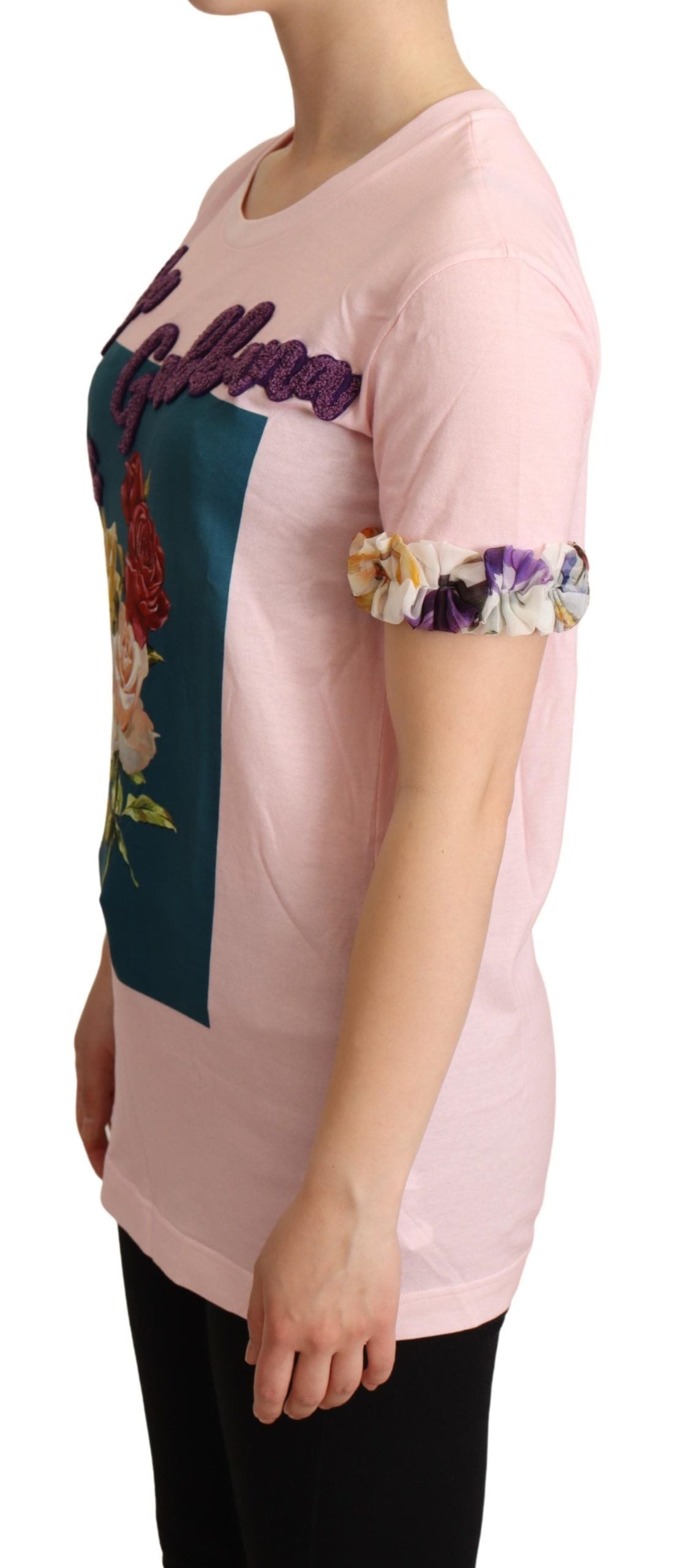 Dolce &amp; Gabbana Rosa Baumwoll-T-Shirt mit Blumen- und Rosen-Rundhalsausschnitt