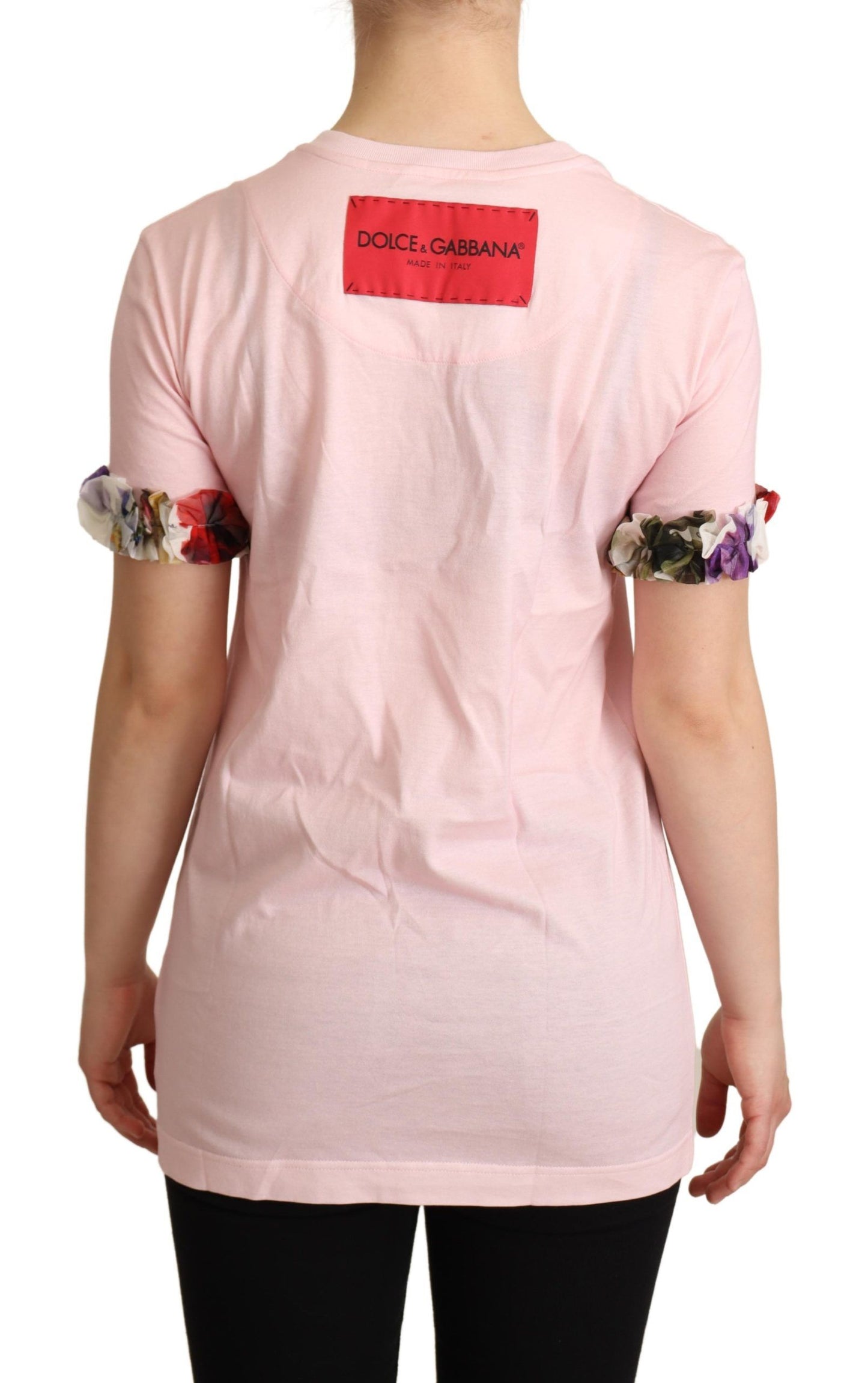 Dolce &amp; Gabbana Pink Cotton Floral Roses Crewneck T-shirt