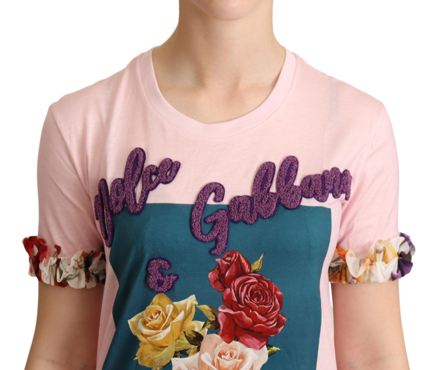 Dolce &amp; Gabbana Pink Cotton Floral Roses Crewneck T-shirt