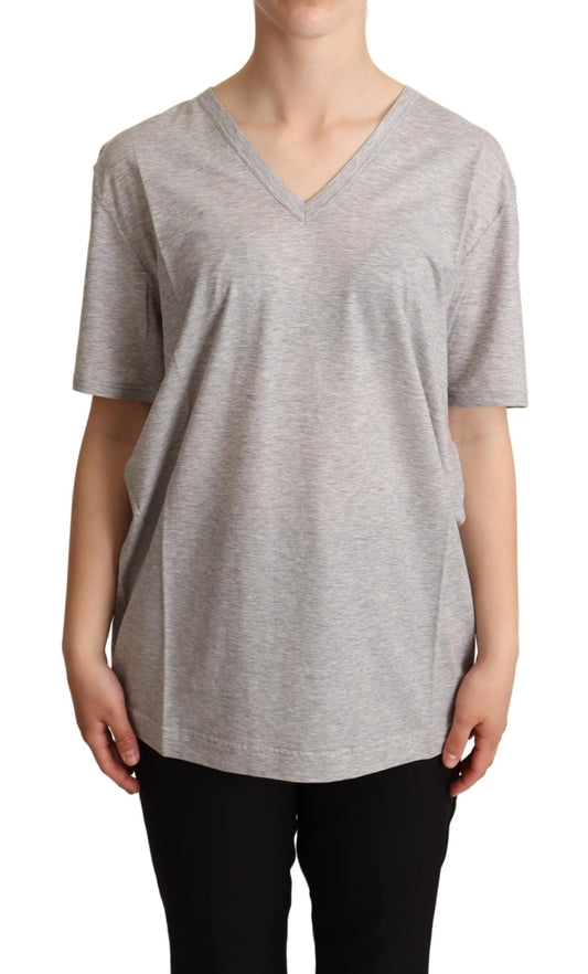 Dolce &amp; Gabbana Gray Solid 100% Cotton V-neck Top T-shirt