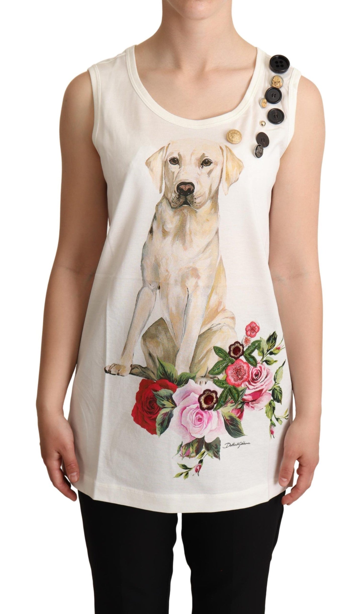 Dolce &amp; Gabbana White Dog Floral Print Embellished T-shirt