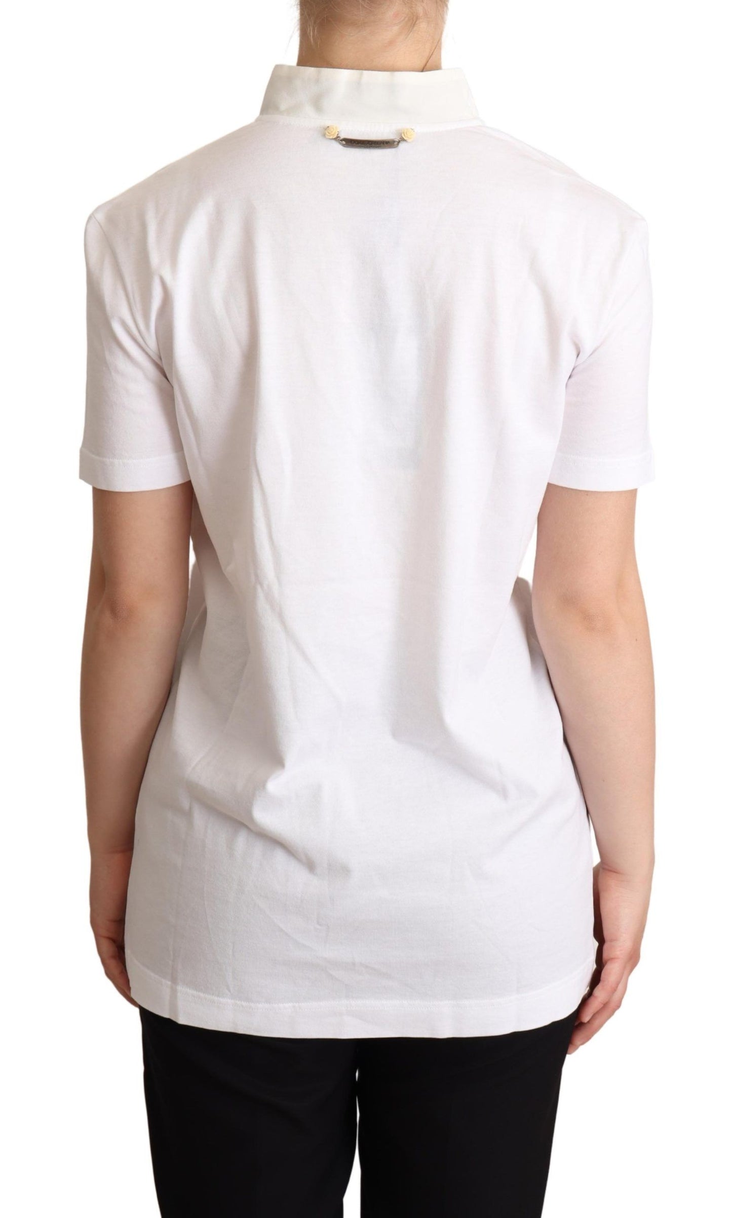 Dolce &amp; Gabbana White Cotton Silk Blend Ascot Collar T-shirt