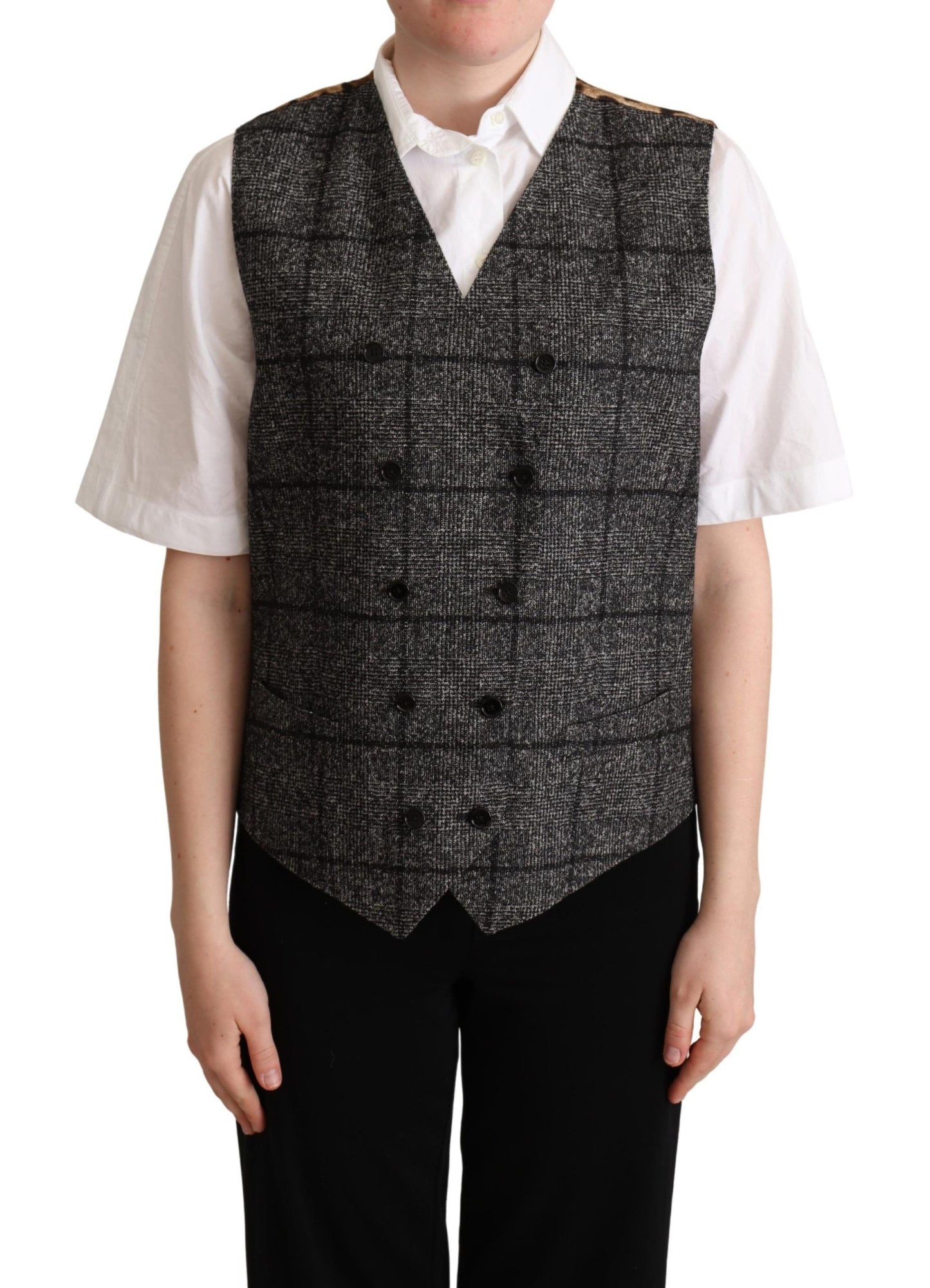 Dolce &amp; Gabbana Grey Wool Leopard Print Waistcoat Vest