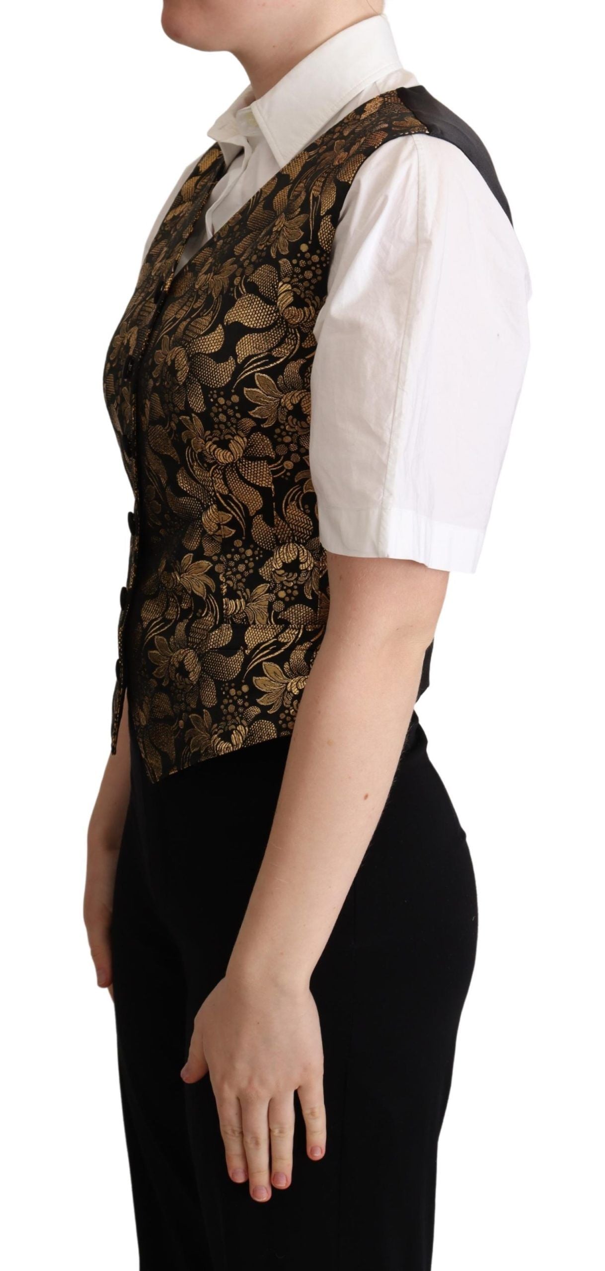 Dolce &amp; Gabbana Black Gold Jacquard Silk Waistcoat Vest