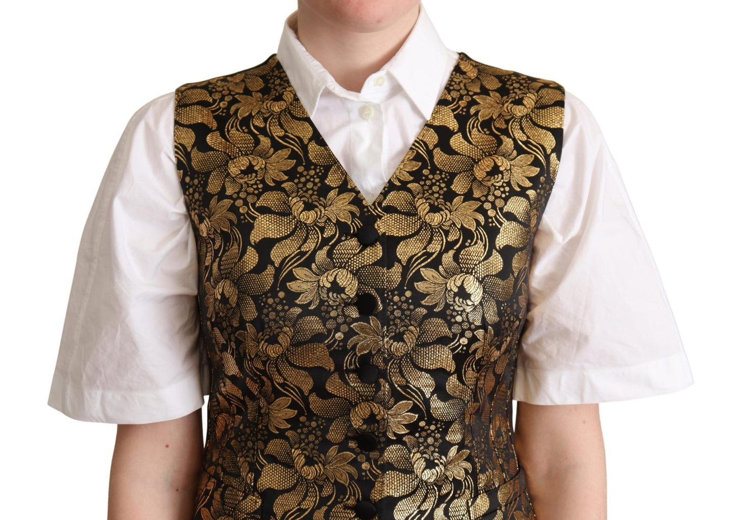 Dolce &amp; Gabbana Black Gold Jacquard Silk Waistcoat Vest