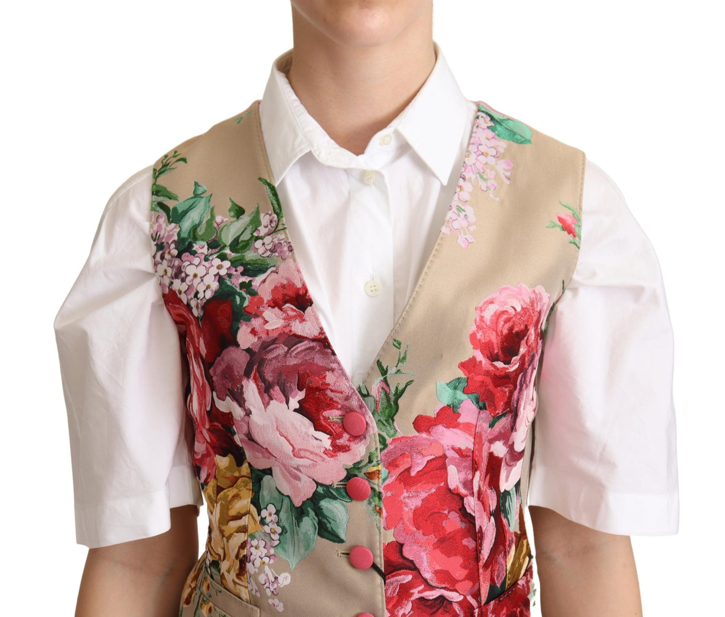 Dolce &amp; Gabbana Beige Jacquard Floral Print Waistcoat Vest