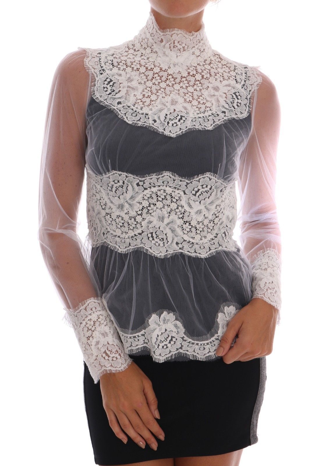 Dolce &amp; Gabbana White Floral Lace Blouse Mock Neck Top