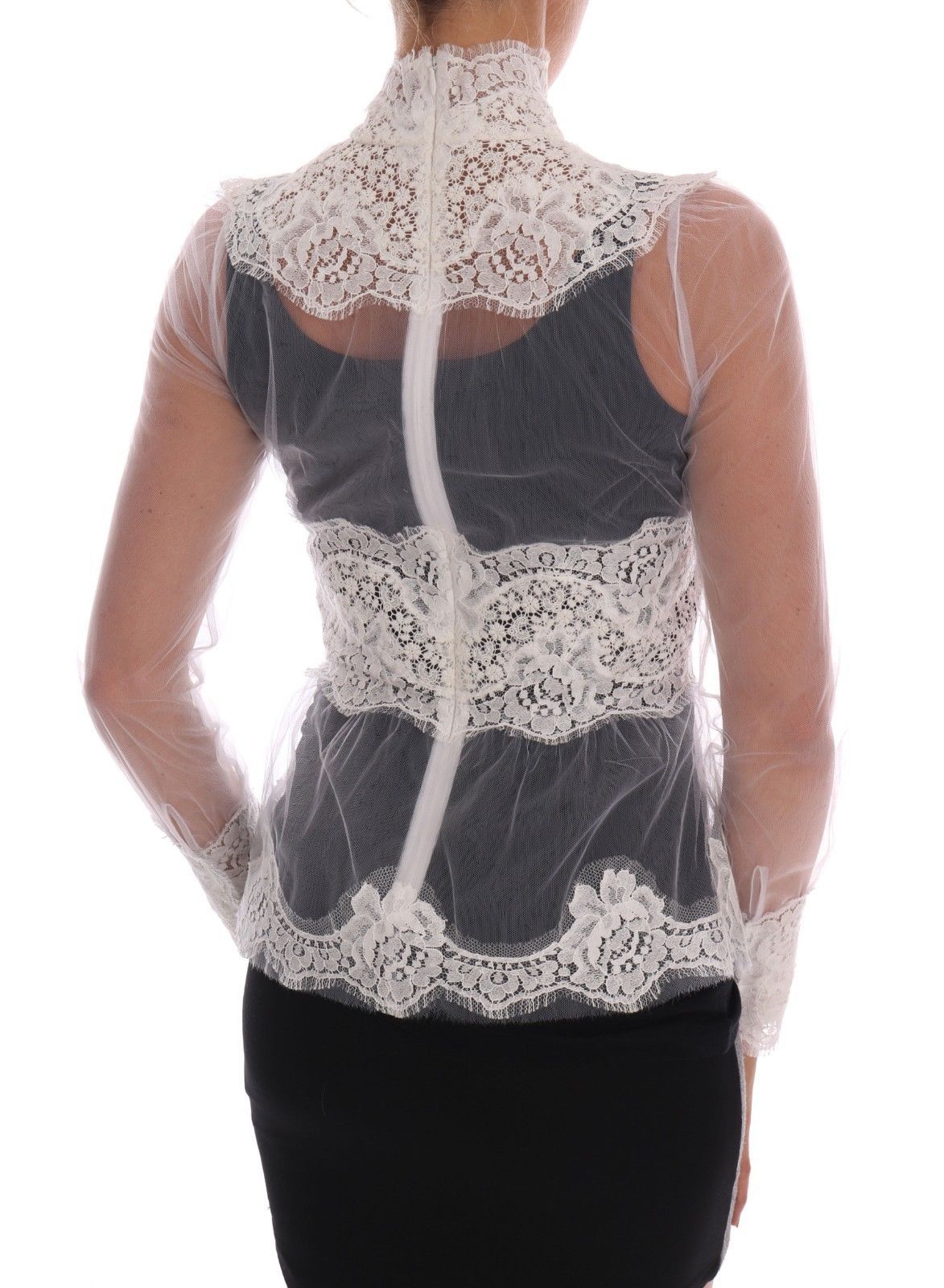 Dolce &amp; Gabbana White Floral Lace Blouse Mock Neck Top