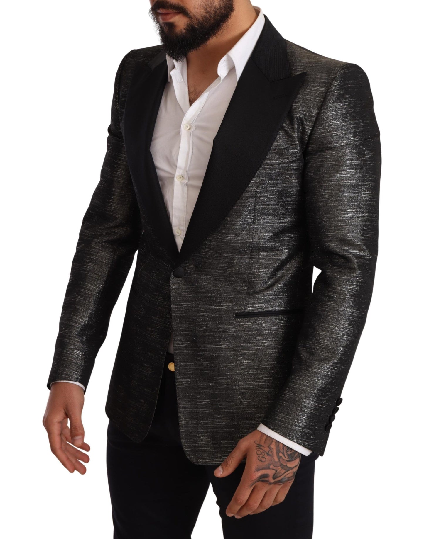 Dolce &amp; Gabbana Grey Metallic Black Slim Tuxedo Blazer