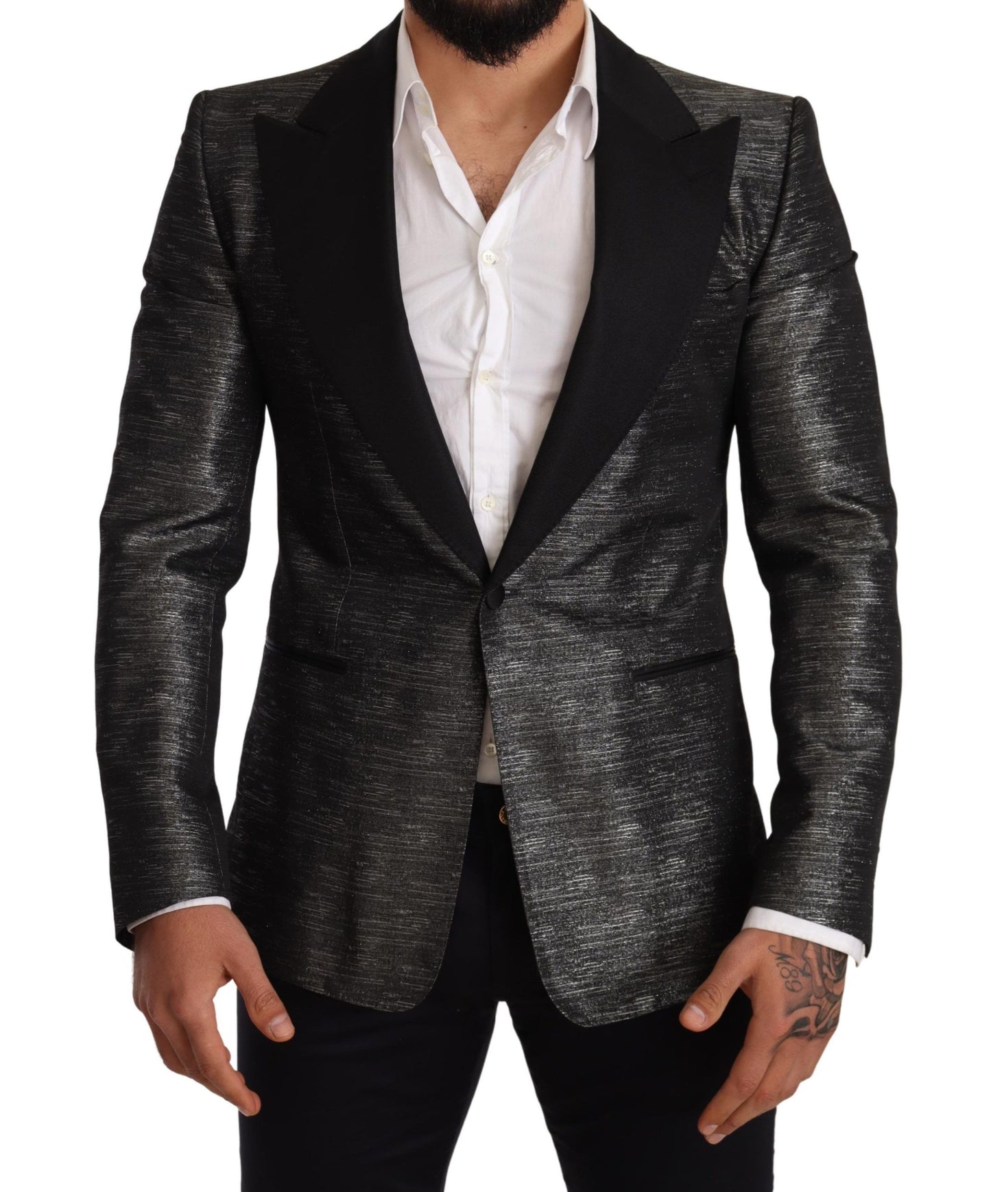 Dolce &amp; Gabbana Grey Metallic Black Slim Tuxedo Blazer