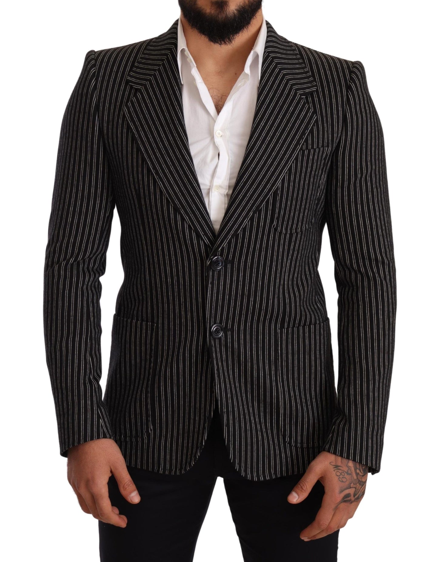 Dolce &amp; Gabbana Schwarz gestreifter Slim-Fit-Wollmantel-Blazer