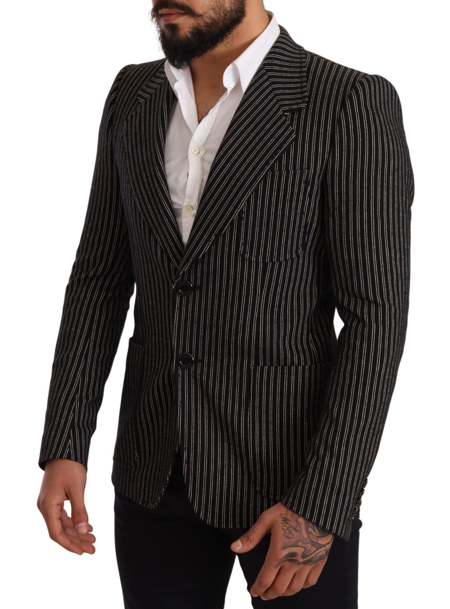 Dolce &amp; Gabbana Schwarz gestreifter Slim-Fit-Wollmantel-Blazer